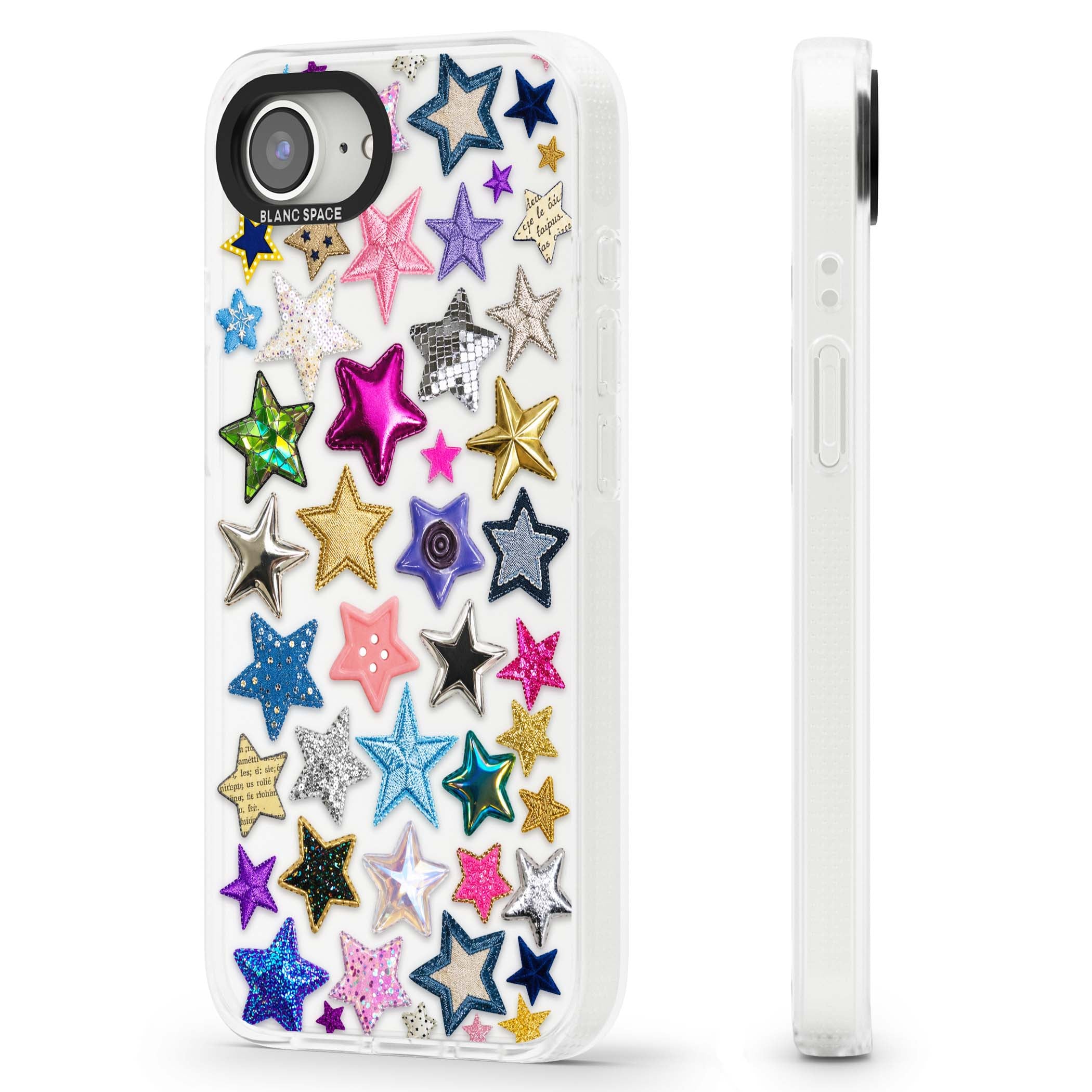 Crafty Star Mix Y2K iPhone case featuring embroidered, sequinned and glitter star patches in rainbow colours | Clear Case Impact Air case for iPhone 16e, iPhone 17e