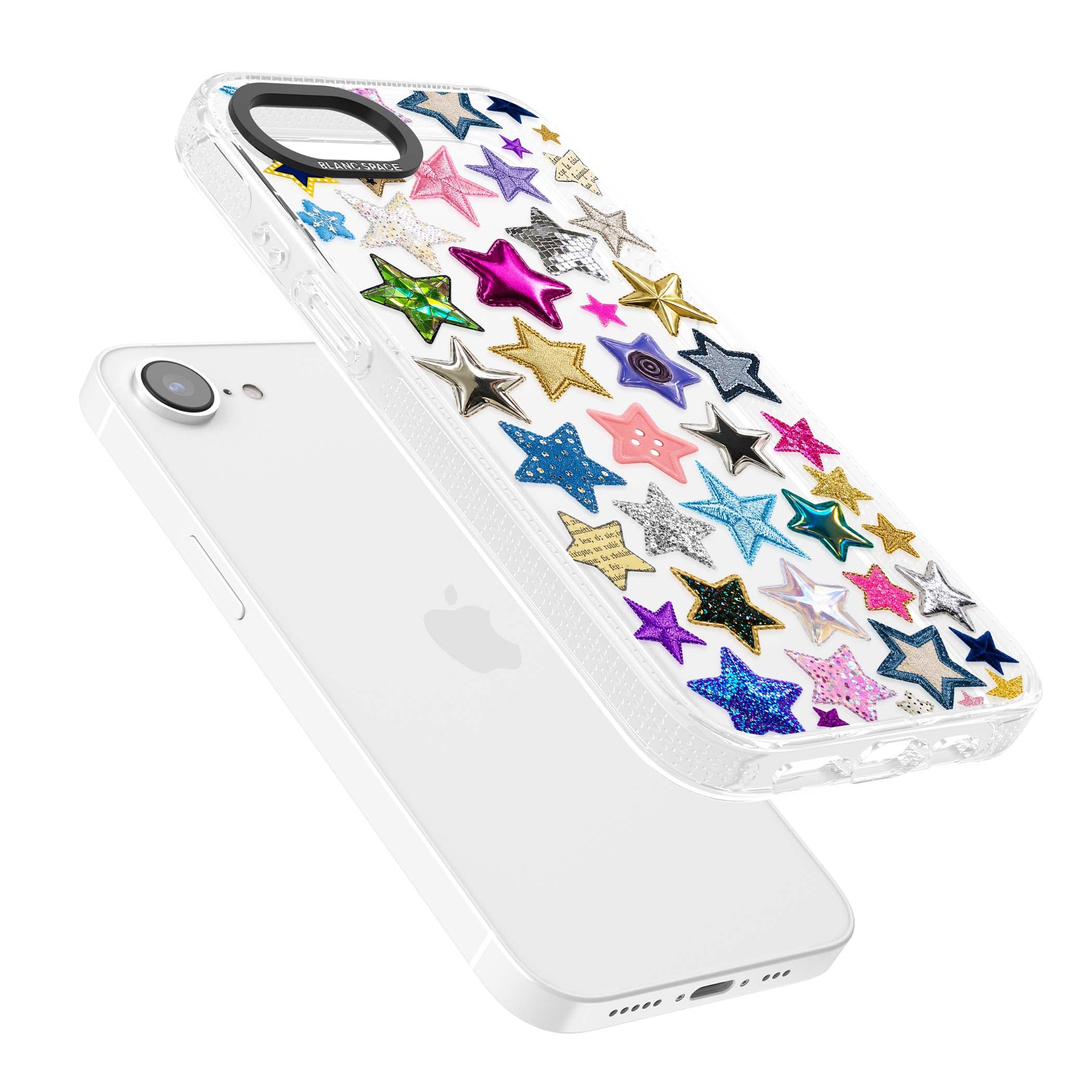 Crafty Star Mix Y2K iPhone case featuring embroidered, sequinned and glitter star patches in rainbow colours | Clear Case Impact Air case for iPhone 16e, iPhone 17e