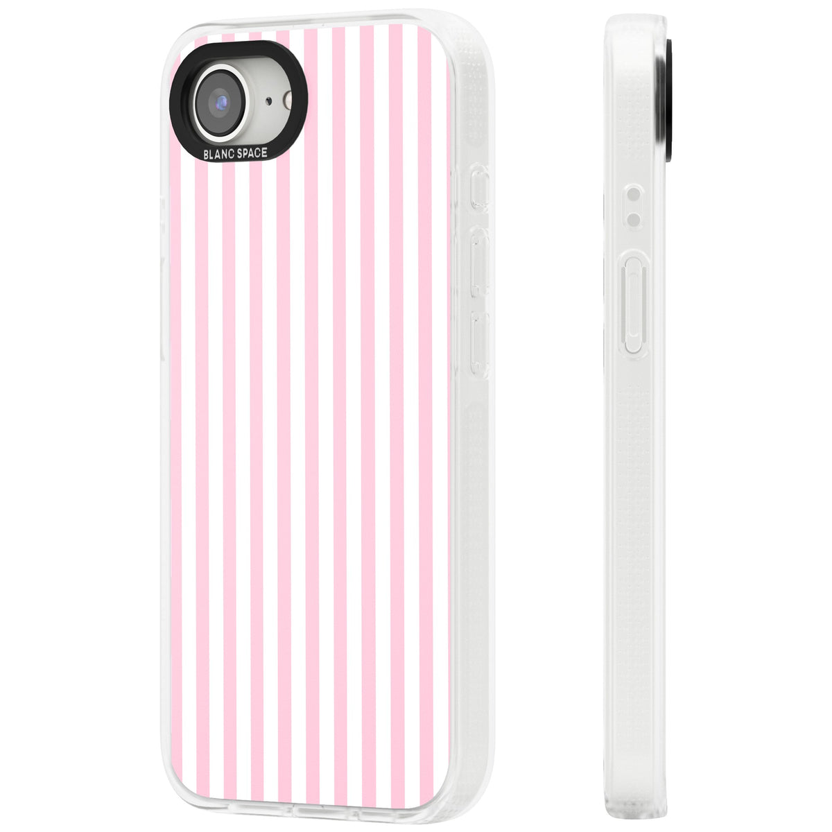 Pink Stripe preppy iPhone case featuring soft pastel pink and white vertical candy stripes iPhone 16e / iPhone 16E / iPhone 17e Impact Air Phone Case side