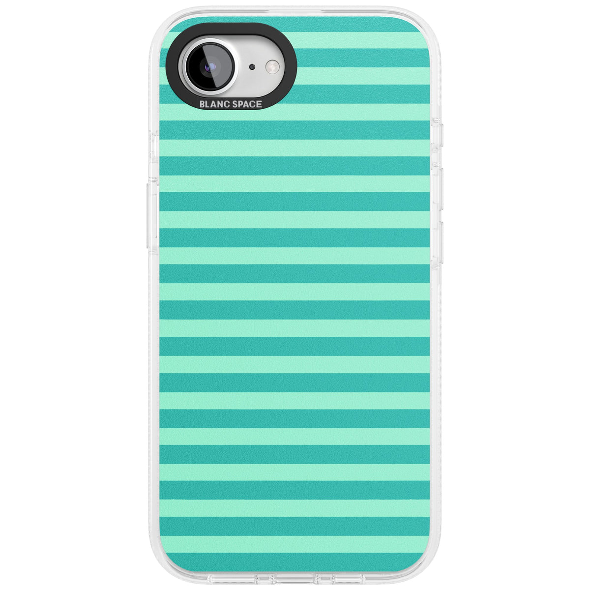 Turquoise Stripe preppy iPhone case featuring horizontal teal and mint green stripes on a black protective frame iPhone 16e / iPhone 16E / iPhone 17e Impact Air Phone Case front