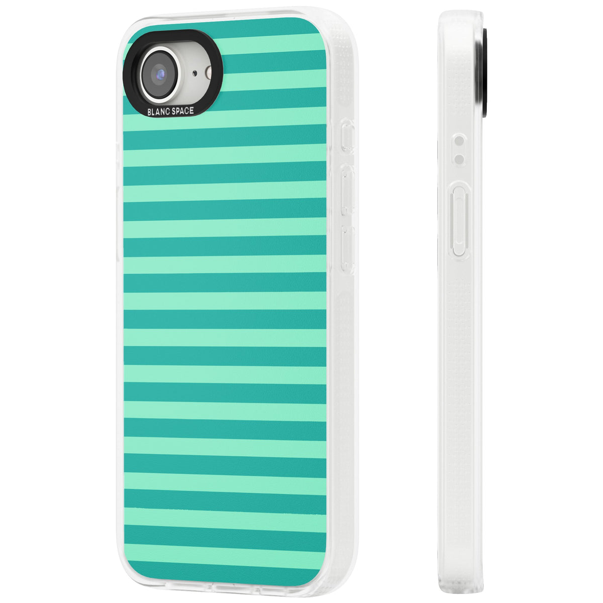 Turquoise Stripe preppy iPhone case featuring horizontal teal and mint green stripes on a black protective frame iPhone 16e / iPhone 16E / iPhone 17e Impact Air Phone Case side