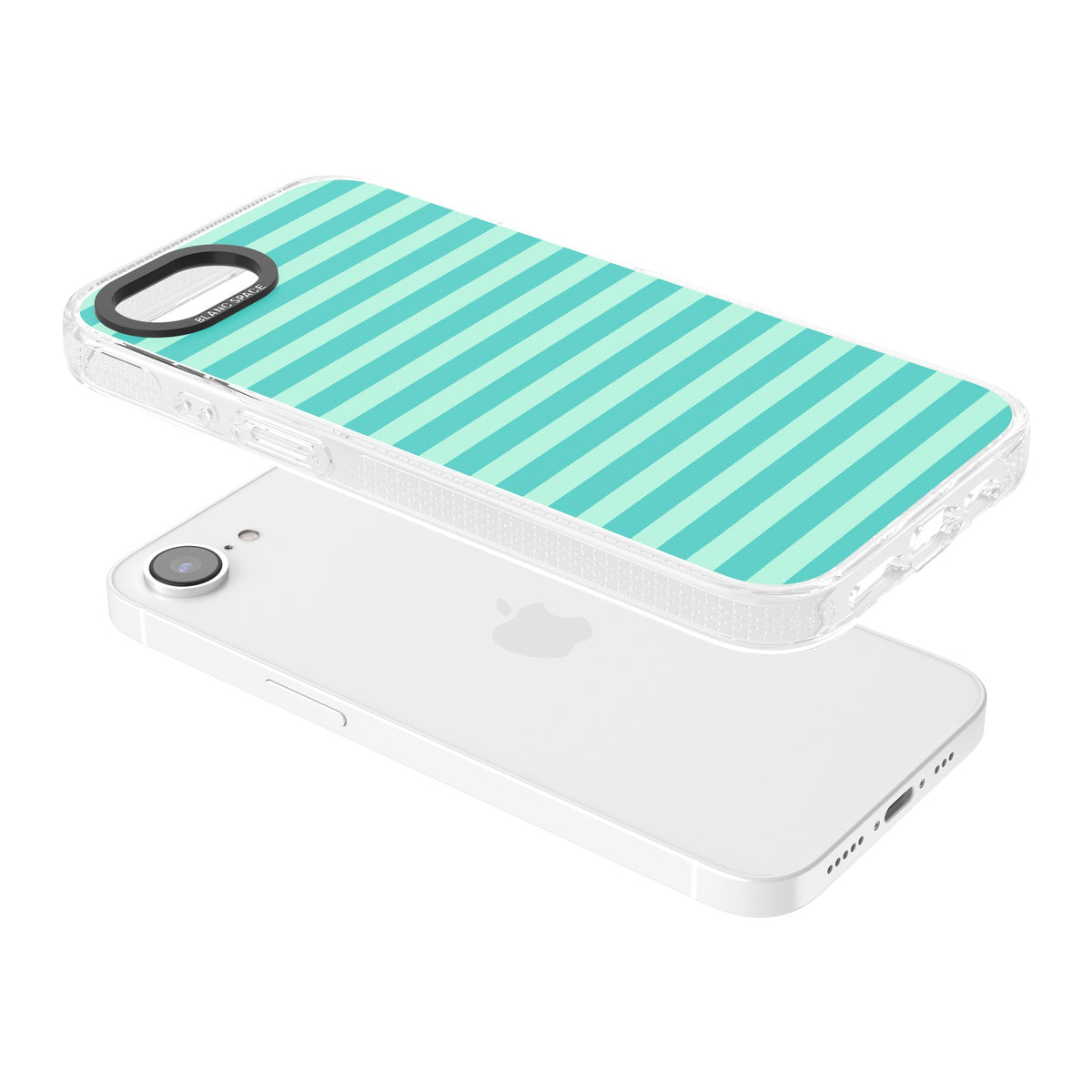 Turquoise Stripe preppy iPhone case featuring horizontal teal and mint green stripes on a black protective frame iPhone 16e / iPhone 16E / iPhone 17e Impact Air Phone Case angled