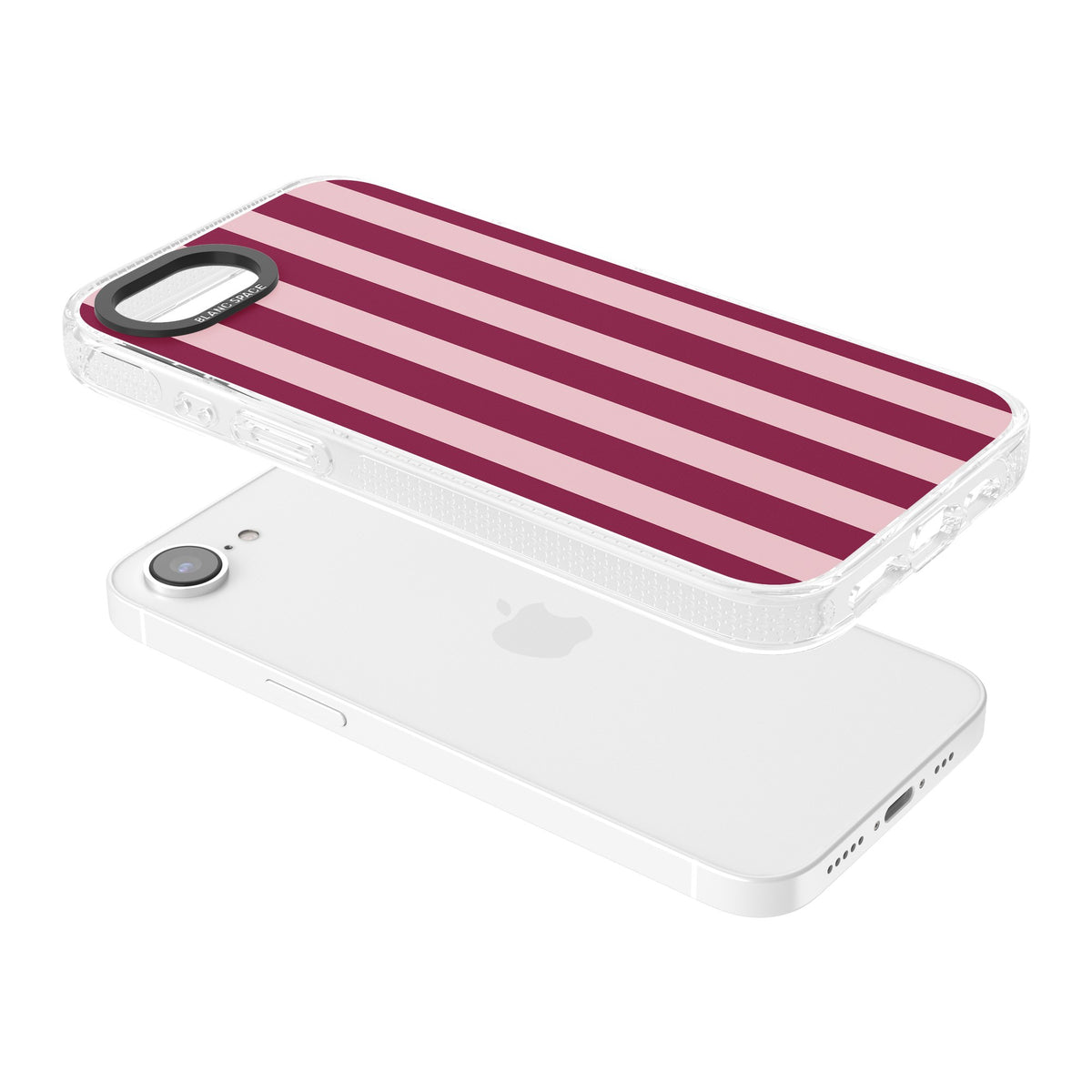 Bordeaux Belle preppy iPhone case featuring bold vertical stripes in burgundy and soft blush pink iPhone 16e / iPhone 16E / iPhone 17e Impact Air Phone Case angled