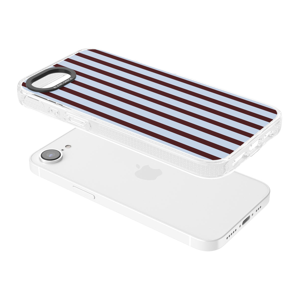 Blackcurrant Stripe preppy iPhone case featuring vertical burgundy and light blue stripes in a classic pinstripe layout iPhone 16e / iPhone 16E / iPhone 17e Impact Air Phone Case angled