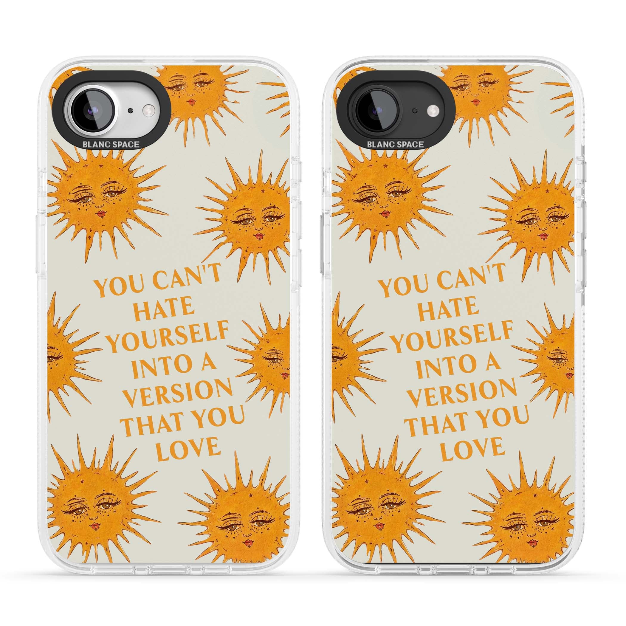 Don't Hate Yourself celestial iPhone case featuring vintage sun faces, ochre rays and a self-love quote | Clear Case Impact Air case for iPhone 16e, iPhone 17e