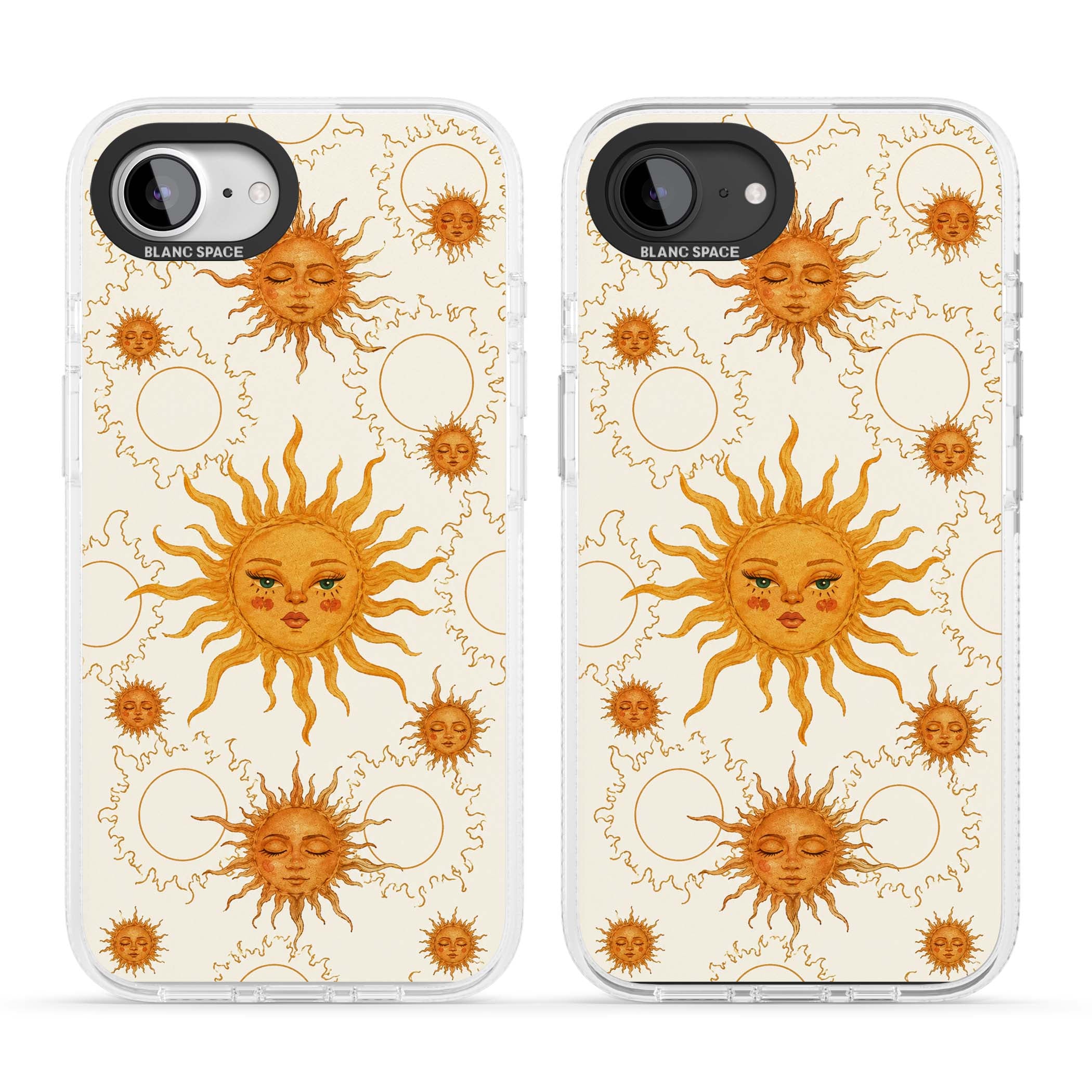 Solstice Muse celestial iPhone case featuring hand-painted golden sun faces, closed-eye sun goddesses and outlined moons... | Clear Case Impact Air case for iPhone 16e, iPhone 17e