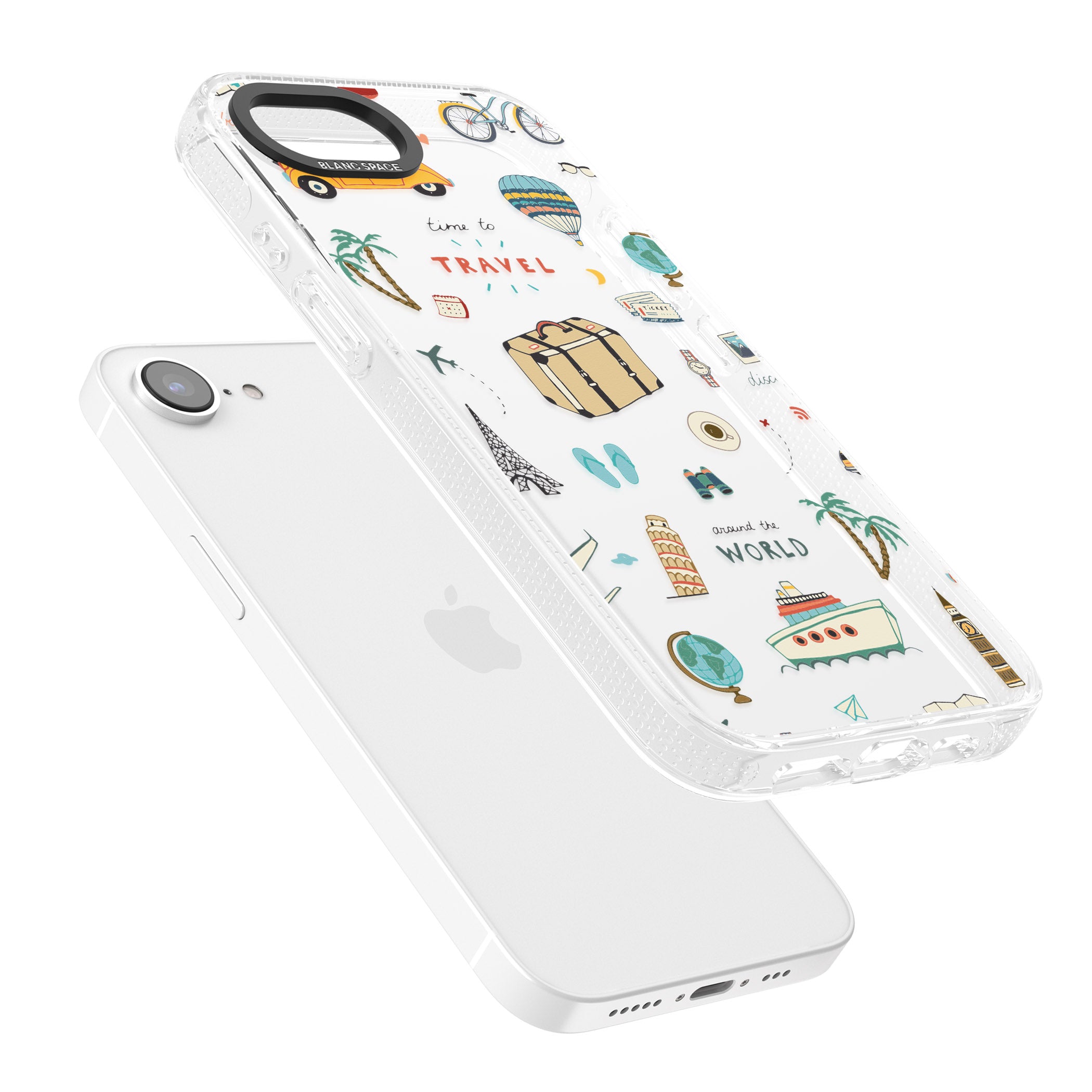Cute Travel Pattern Transparent iPhone 16e Clear Case Impact Air - Blanc Space