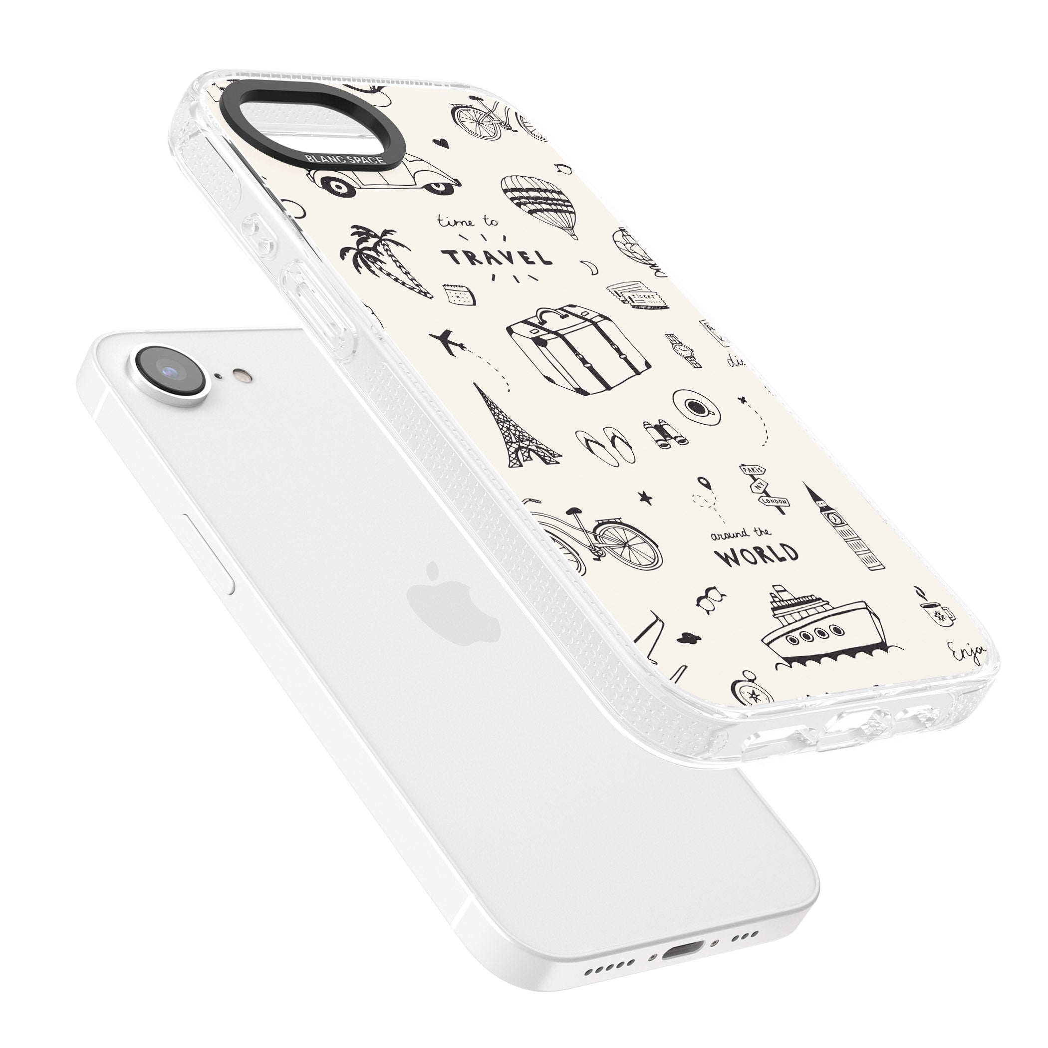 Cute Travel Pattern, White on iPhone 16e Clear Case Impact Air - Blanc Space