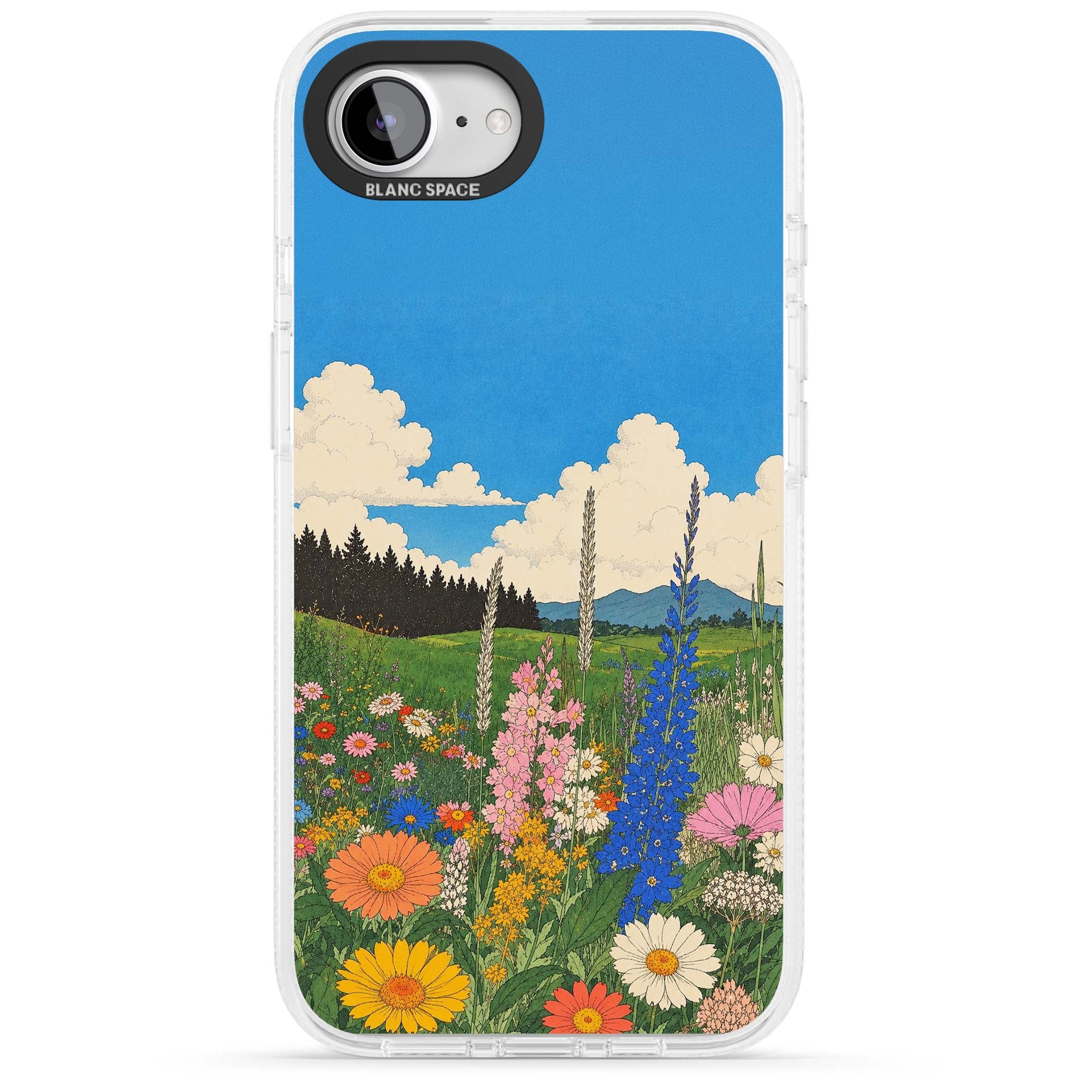 Wildbloom wildflower iPhone case featuring a vintage Japanese-style meadow landscape with daisies, delphiniums and moun | Clear Case Impact Air case for iPhone 16e, iPhone 17e
