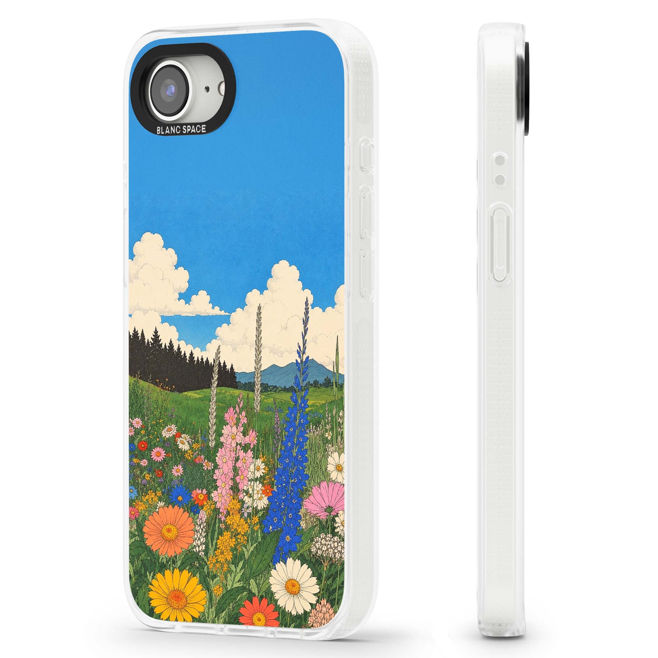 Wildbloom wildflower iPhone case featuring a vintage Japanese-style meadow landscape with daisies, delphiniums and moun | Clear Case Impact Air case for iPhone 16e, iPhone 17e