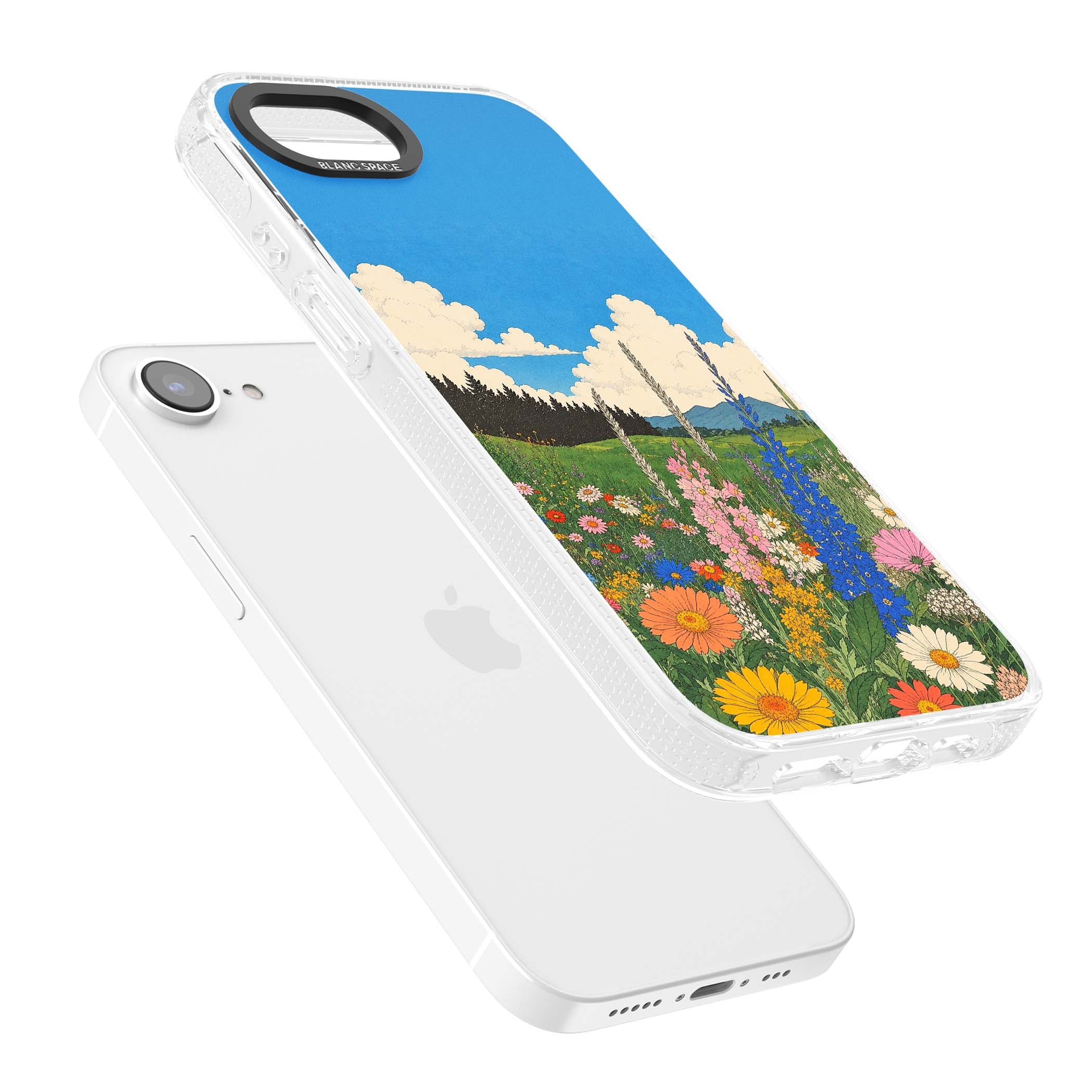 Wildbloom wildflower iPhone case featuring a vintage Japanese-style meadow landscape with daisies, delphiniums and moun | Clear Case Impact Air case for iPhone 16e, iPhone 17e