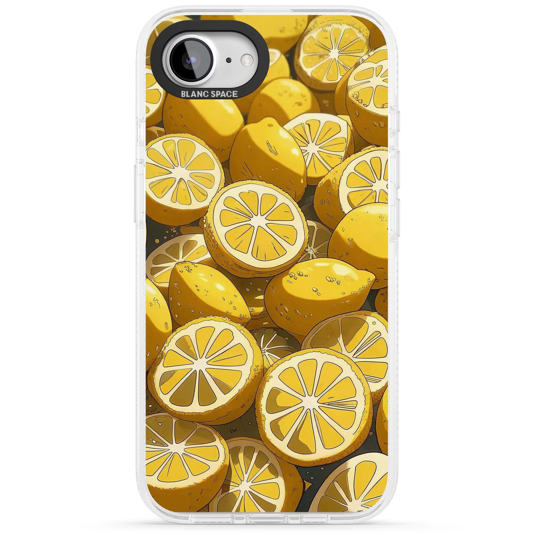 Zesty coastal iPhone case featuring illustrated Mediterranean lemons and citrus slices in golden yellow | Clear Case Impact Air case for iPhone 16e, iPhone 17e