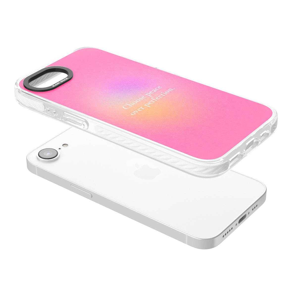 Peace Over Perfection iPhone 16e / iPhone 17e Impact Clear Phone Case angled