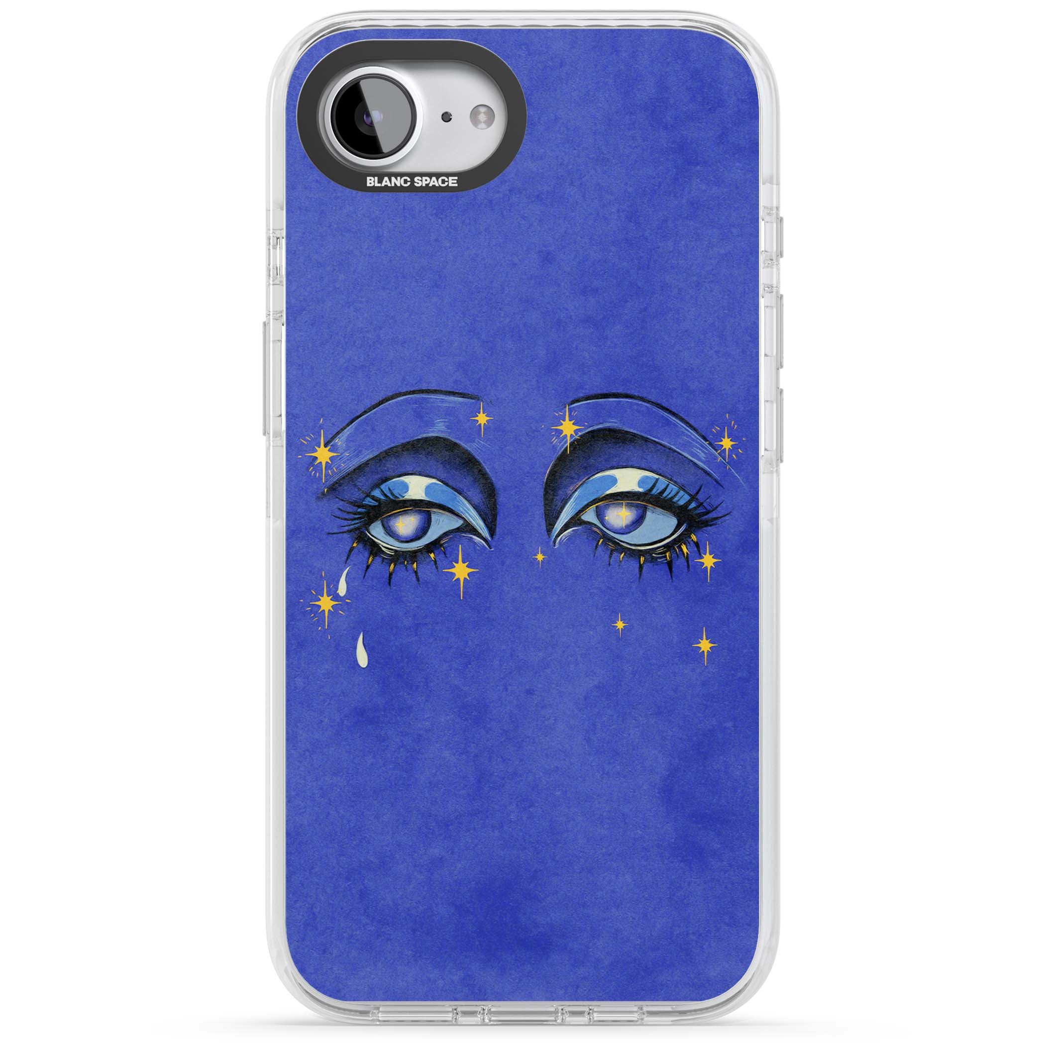 Blue Mystic Eyes celestial iPhone case featuring hand drawn blue mystical eyes, golden stars and a painted tear on indigo | Clear Impact case for iPhone 16e, iPhone 17e