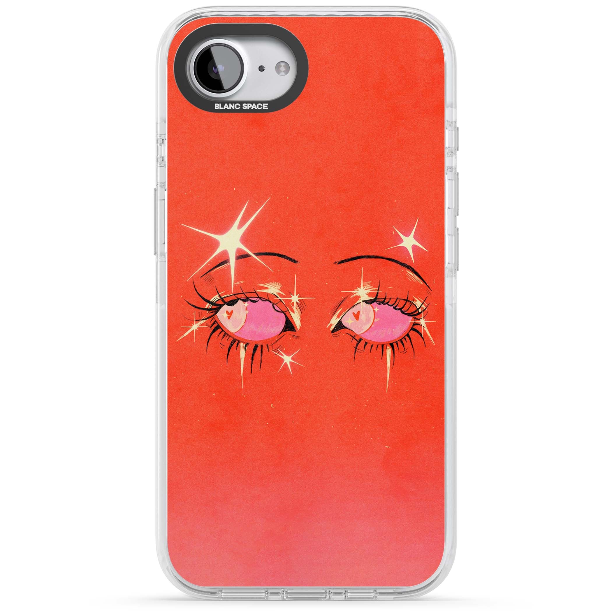 Pink Ethereal Eyes anime iPhone case featuring hand-drawn sparkly eyes with pink hearts and gold stars on red | Clear Impact case for iPhone 16e, iPhone 17e
