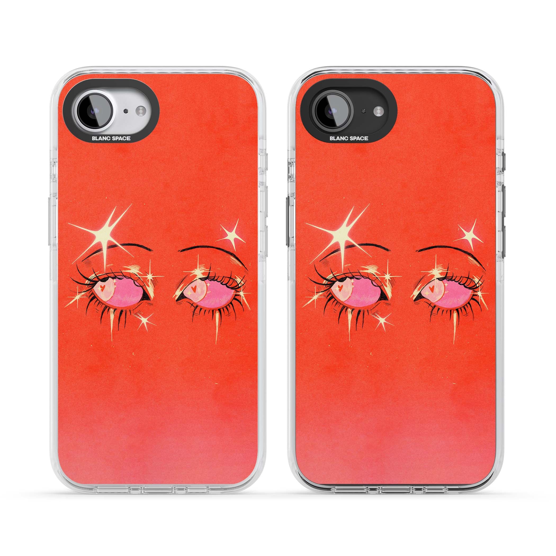 Pink Ethereal Eyes anime iPhone case featuring hand-drawn sparkly eyes with pink hearts and gold stars on red | Clear Impact case for iPhone 16e, iPhone 17e