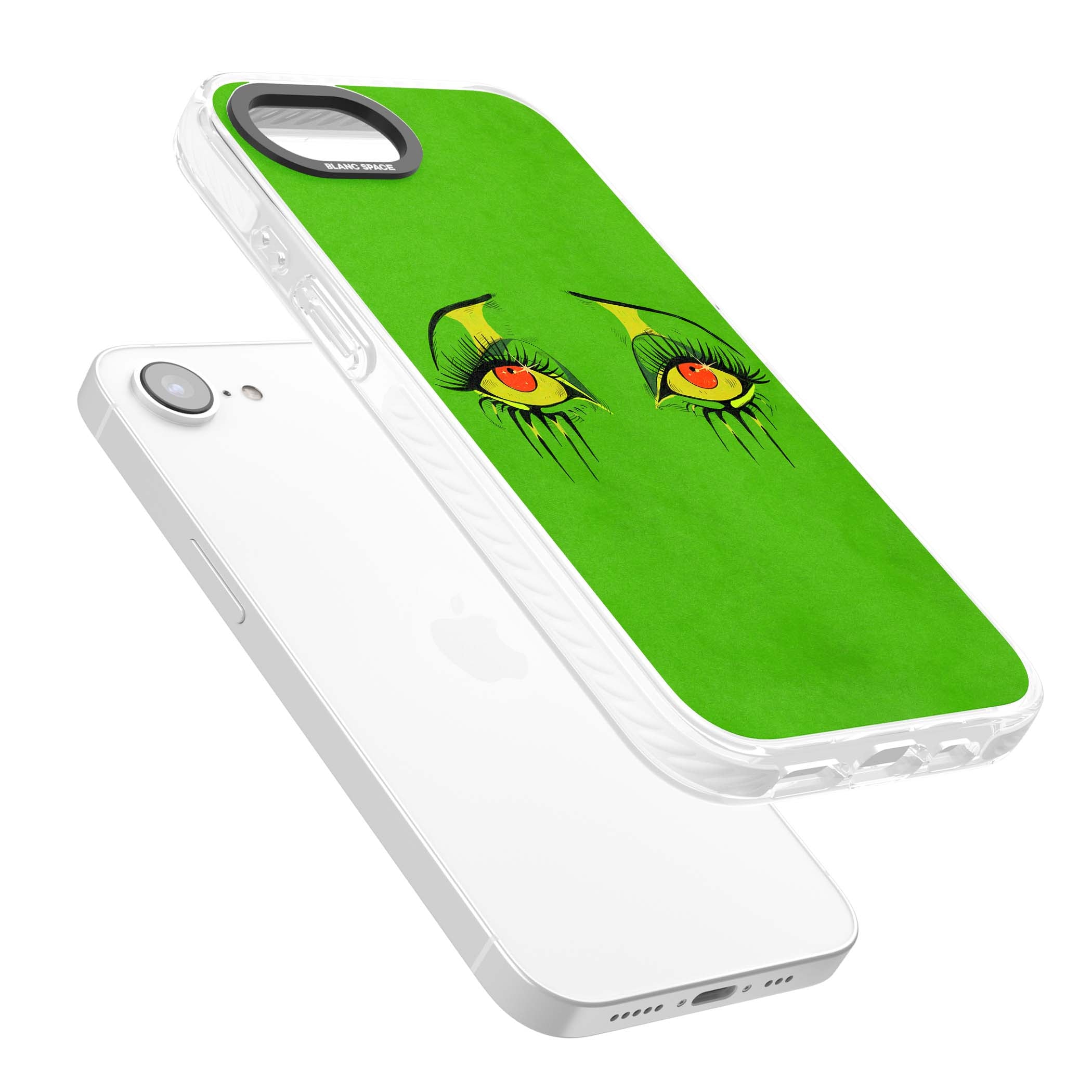 Green Enchanted Eyes psychedelic art iPhone case featuring hand-drawn dripping eyes on neon green background | Clear Impact case for iPhone 16e, iPhone 17e