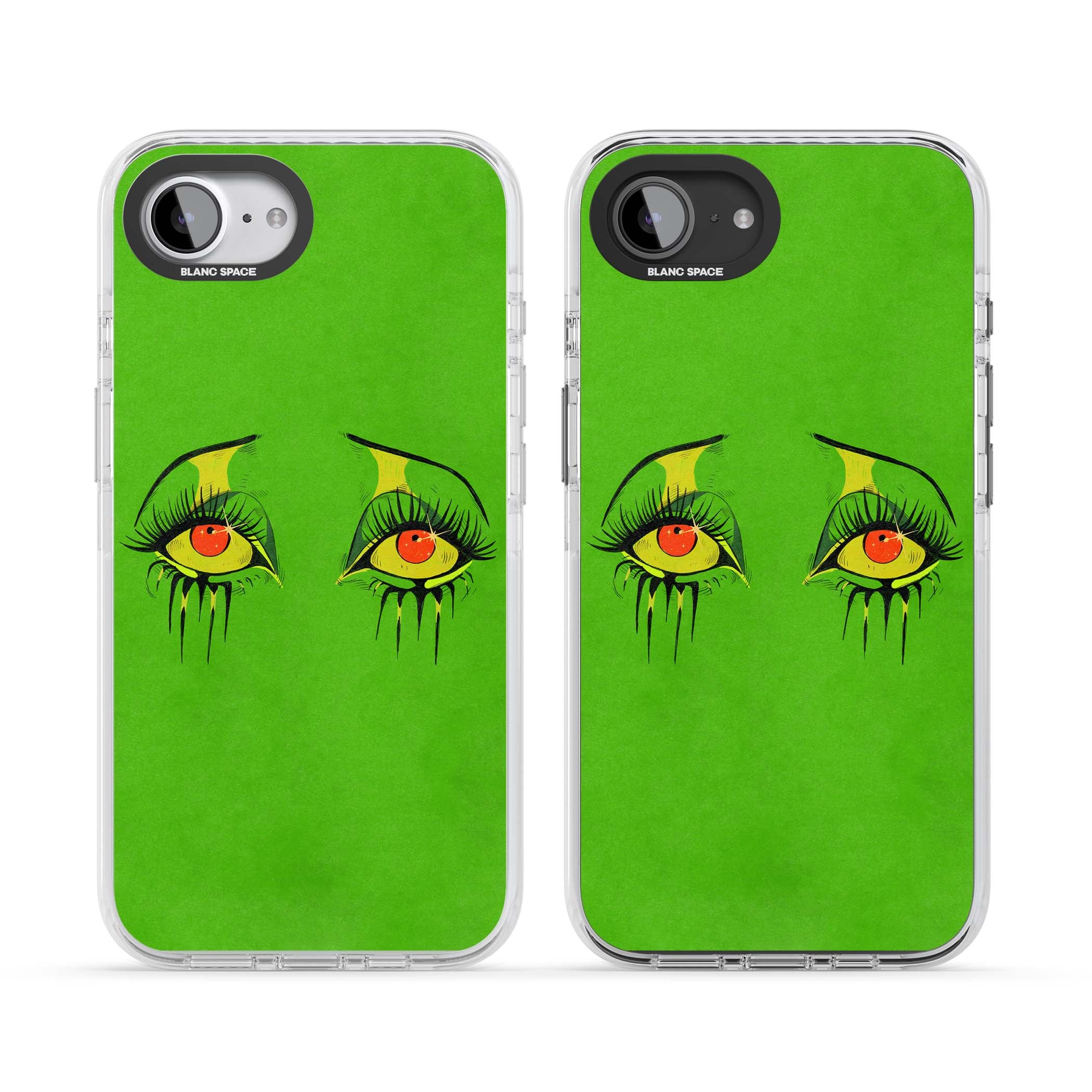 Green Enchanted Eyes psychedelic art iPhone case featuring hand-drawn dripping eyes on neon green background | Clear Impact case for iPhone 16e, iPhone 17e