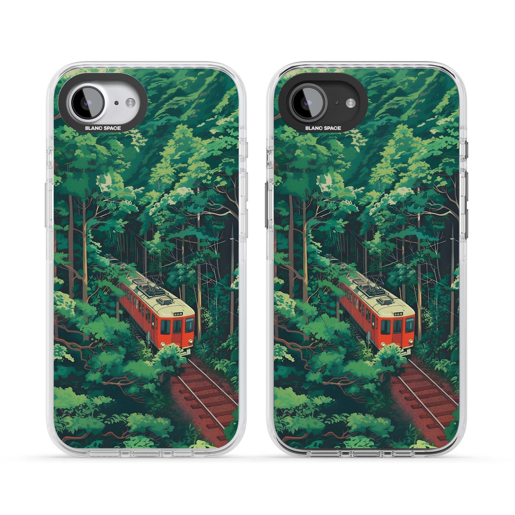 Railway In Toyama Japanese iPhone case featuring a red train, cedar forest and winding mountain railway tracks | Clear Impact case for iPhone 16e, iPhone 17e