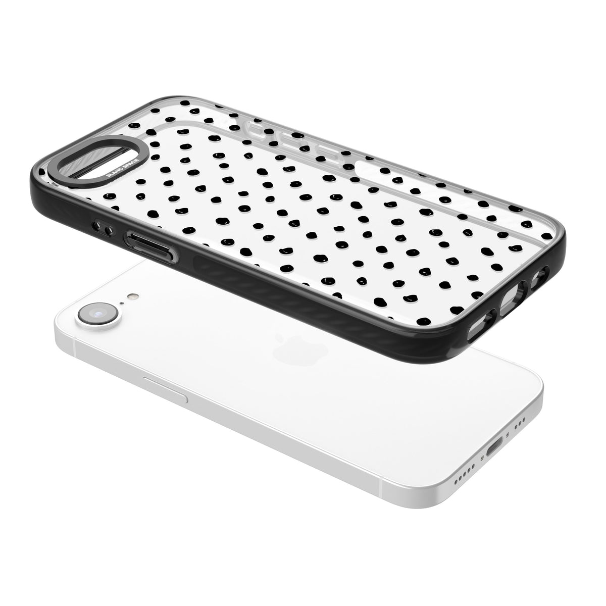 Messy Black Dot Pattern iPhone 16e / iPhone 17e Impact Black Phone Case angled