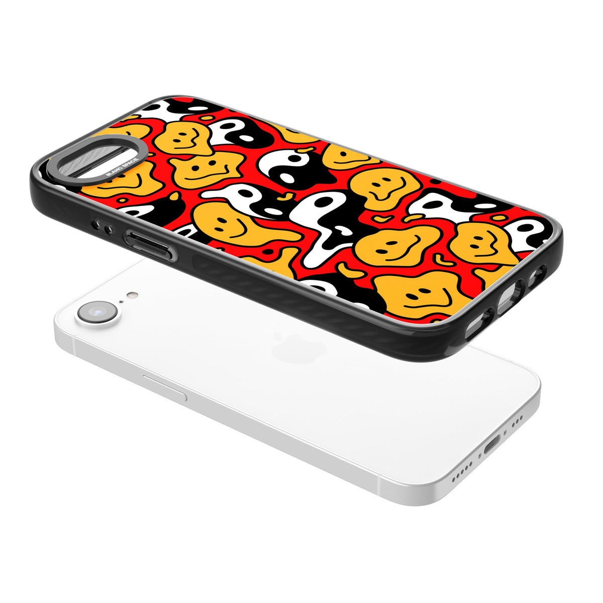 Yin Yang Acid Face iPhone 16e / iPhone 17e Impact Black Phone Case angled