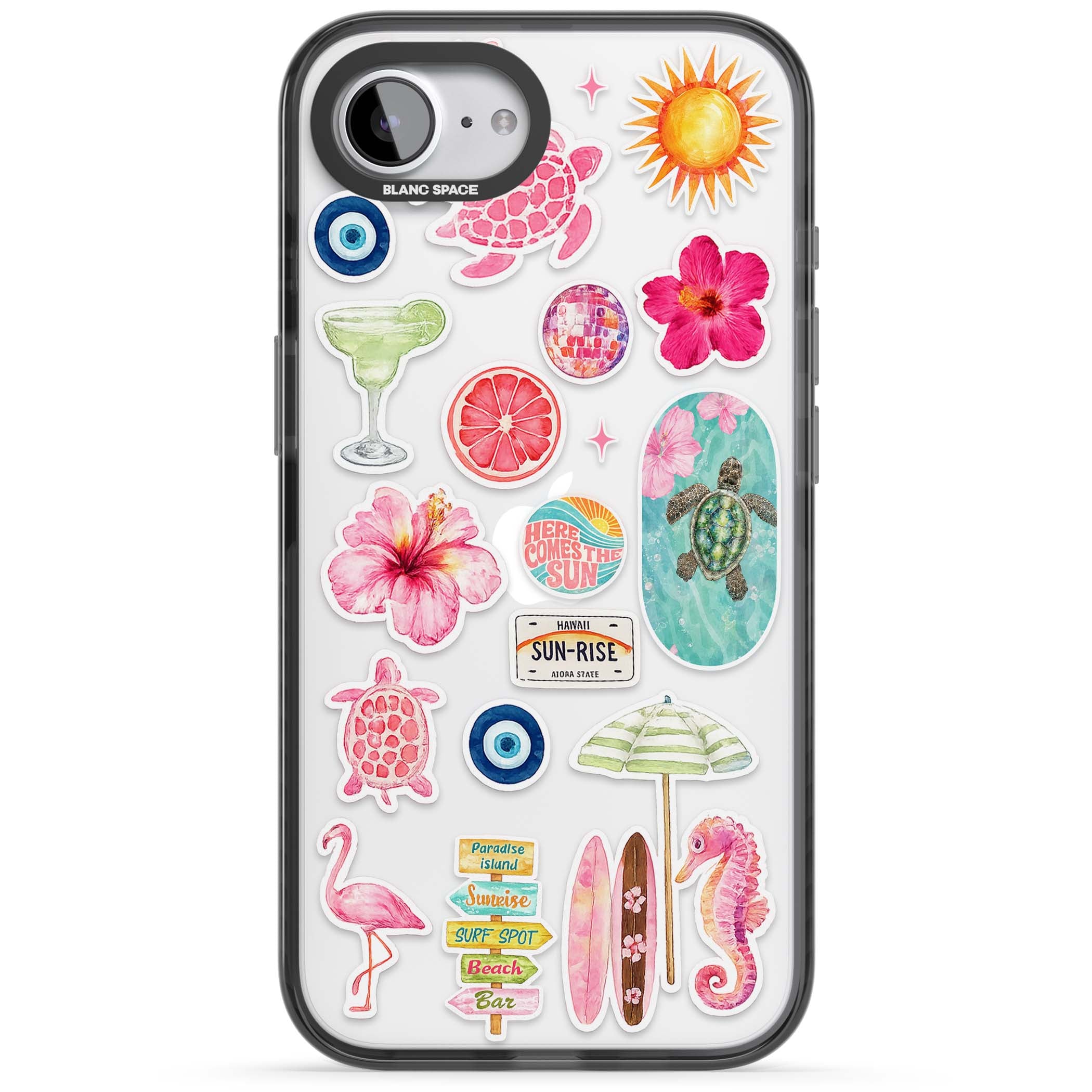 Aloha Sticker Mix tropical summer iPhone case featuring pink hibiscus, sea turtles, flamingo and beach umbrella stickers | Black Impact case for iPhone 16e, iPhone 17e