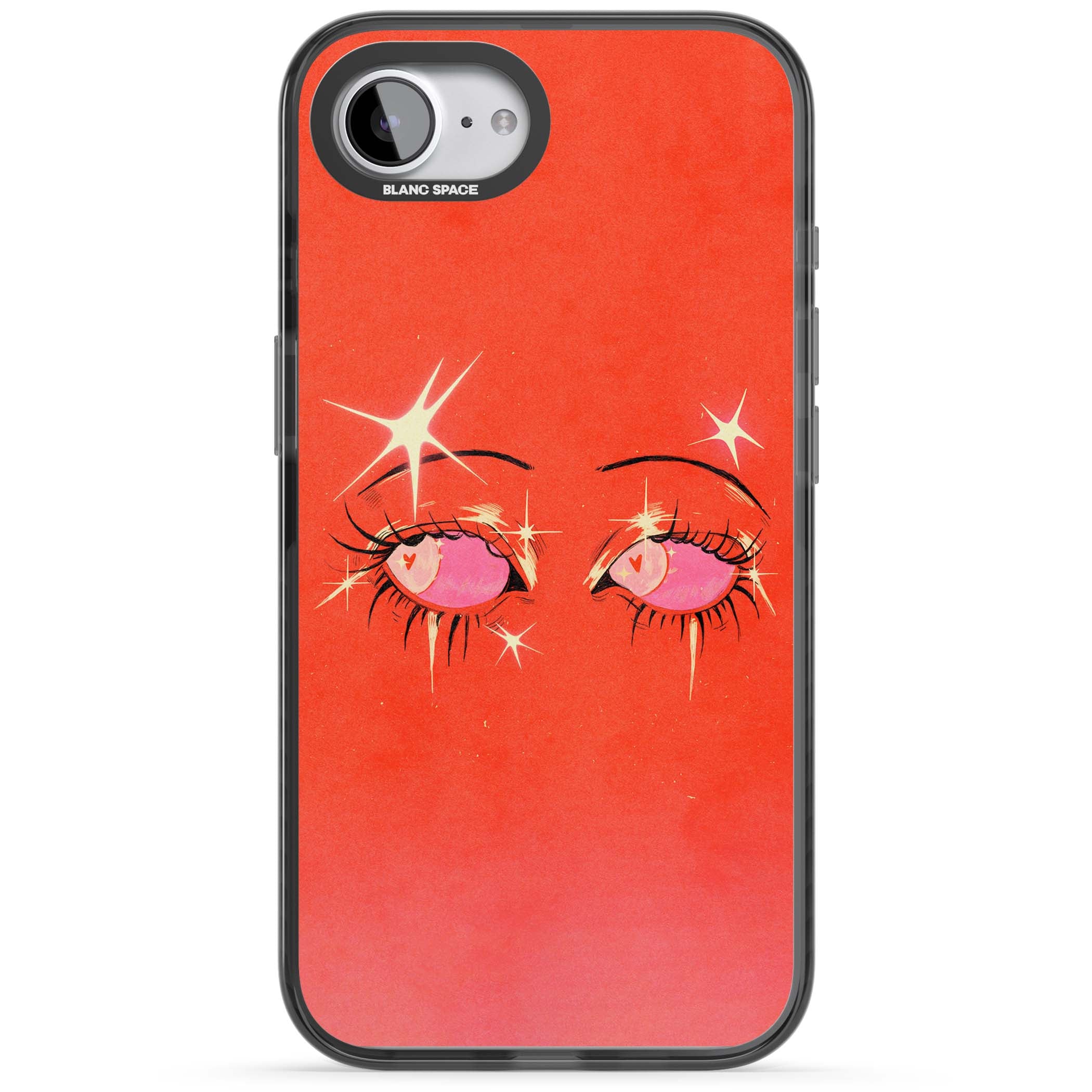 Pink Ethereal Eyes anime iPhone case featuring hand-drawn sparkly eyes with pink hearts and gold stars on red | Black Impact case for iPhone 16e, iPhone 17e