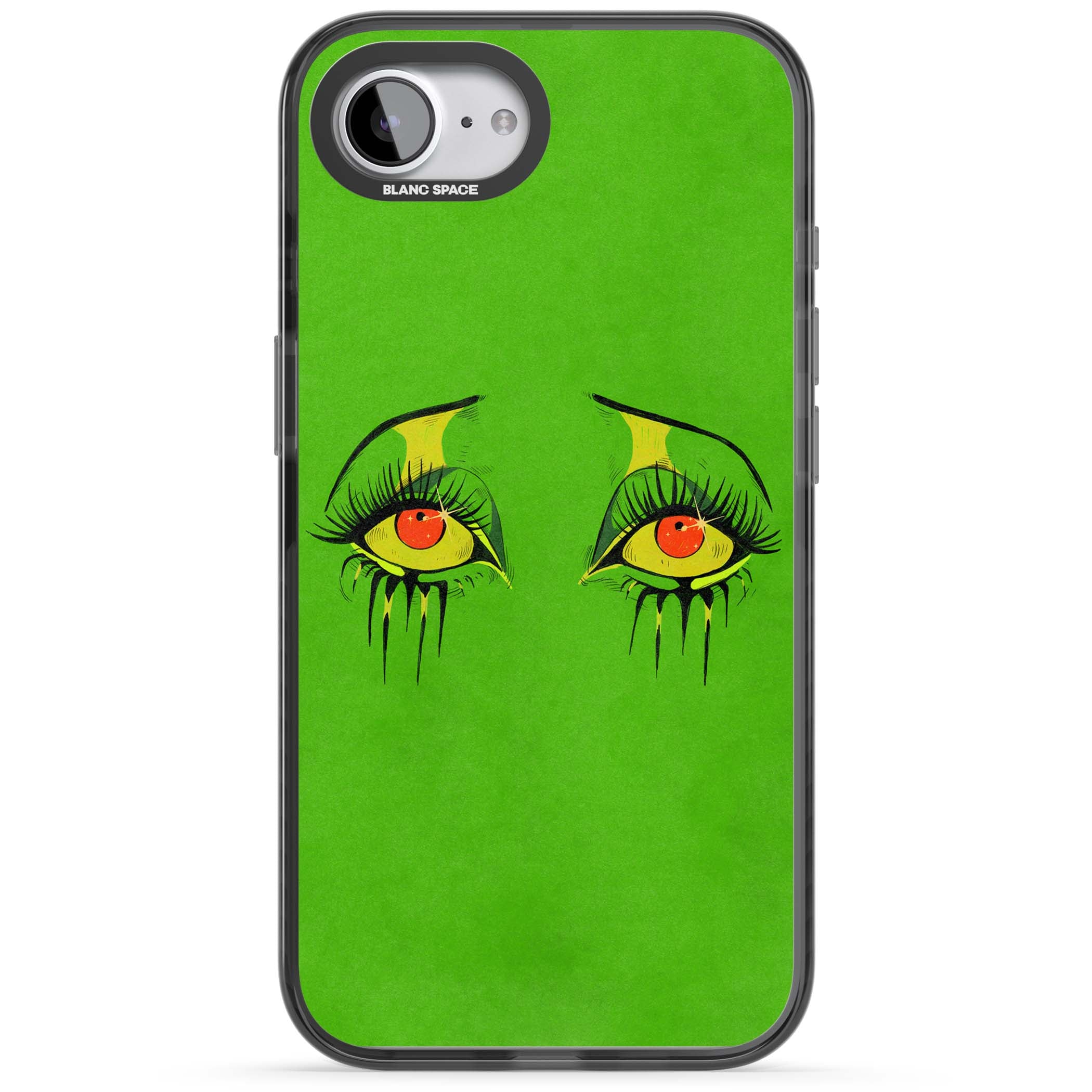 Green Enchanted Eyes psychedelic art iPhone case featuring hand-drawn dripping eyes on neon green background | Black Impact case for iPhone 16e, iPhone 17e
