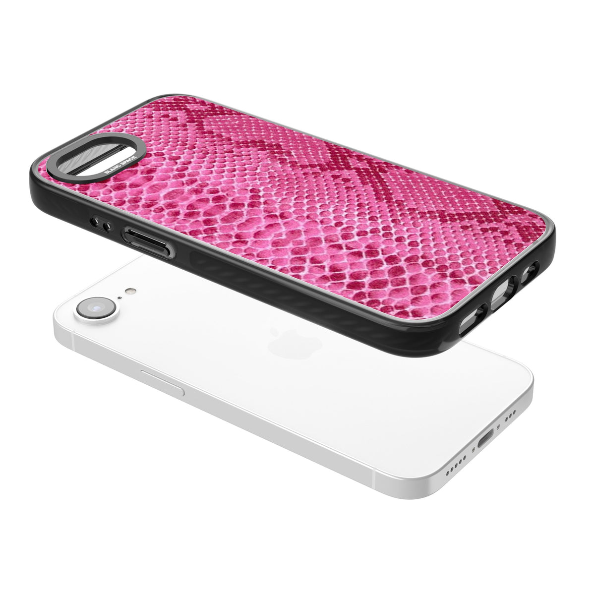 Pink Snakeskin iPhone 16e / iPhone 17e Impact Black Phone Case angled