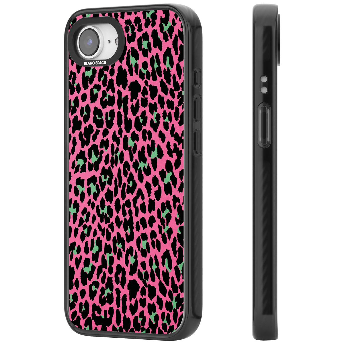 Pink & Green Leopard iPhone 16e / iPhone 17e Impact Black Phone Case side