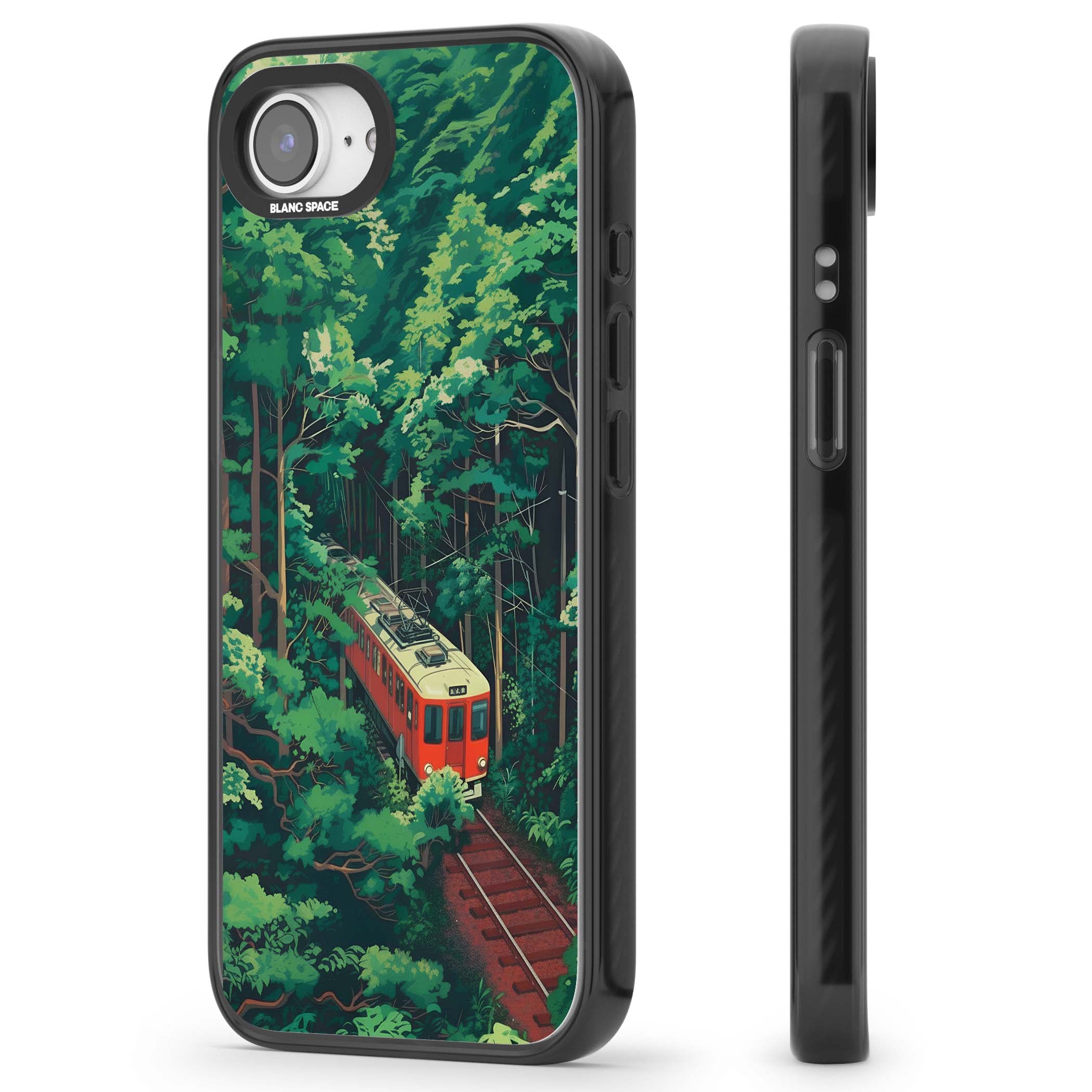 Railway In Toyama Japanese iPhone case featuring a red train, cedar forest and winding mountain railway tracks | Black Impact case for iPhone 16e, iPhone 17e