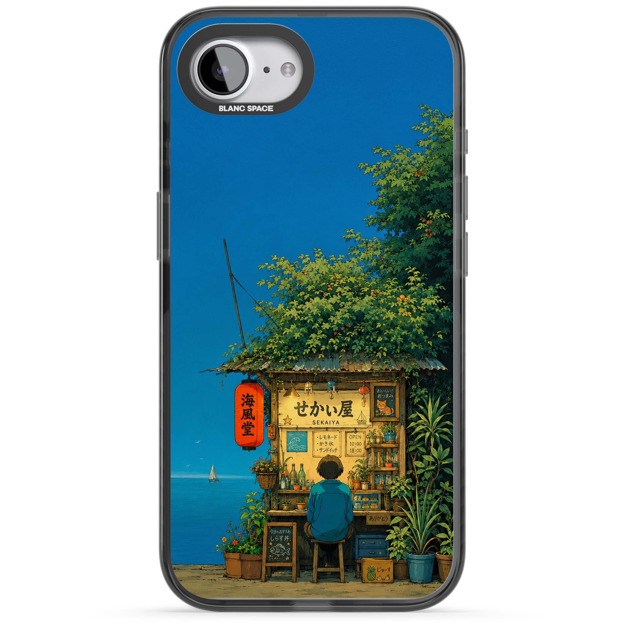 The Shirahama Kiosk anime iPhone case featuring a Japanese seaside shop, red paper lantern and ocean view | Black Impact case for iPhone 16e, iPhone 17e