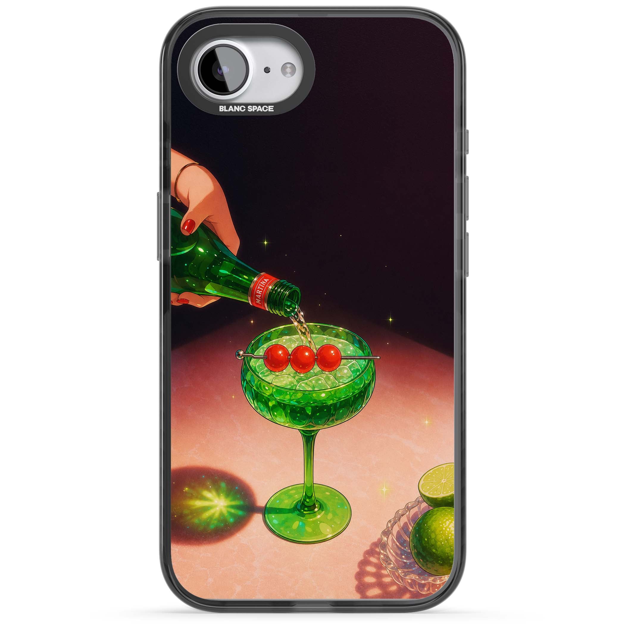 Absinthe Hour cocktail iPhone case featuring a green coupe glass, cherry garnish and vintage bottle pour illustration | Black Impact case for iPhone 16e, iPhone 17e