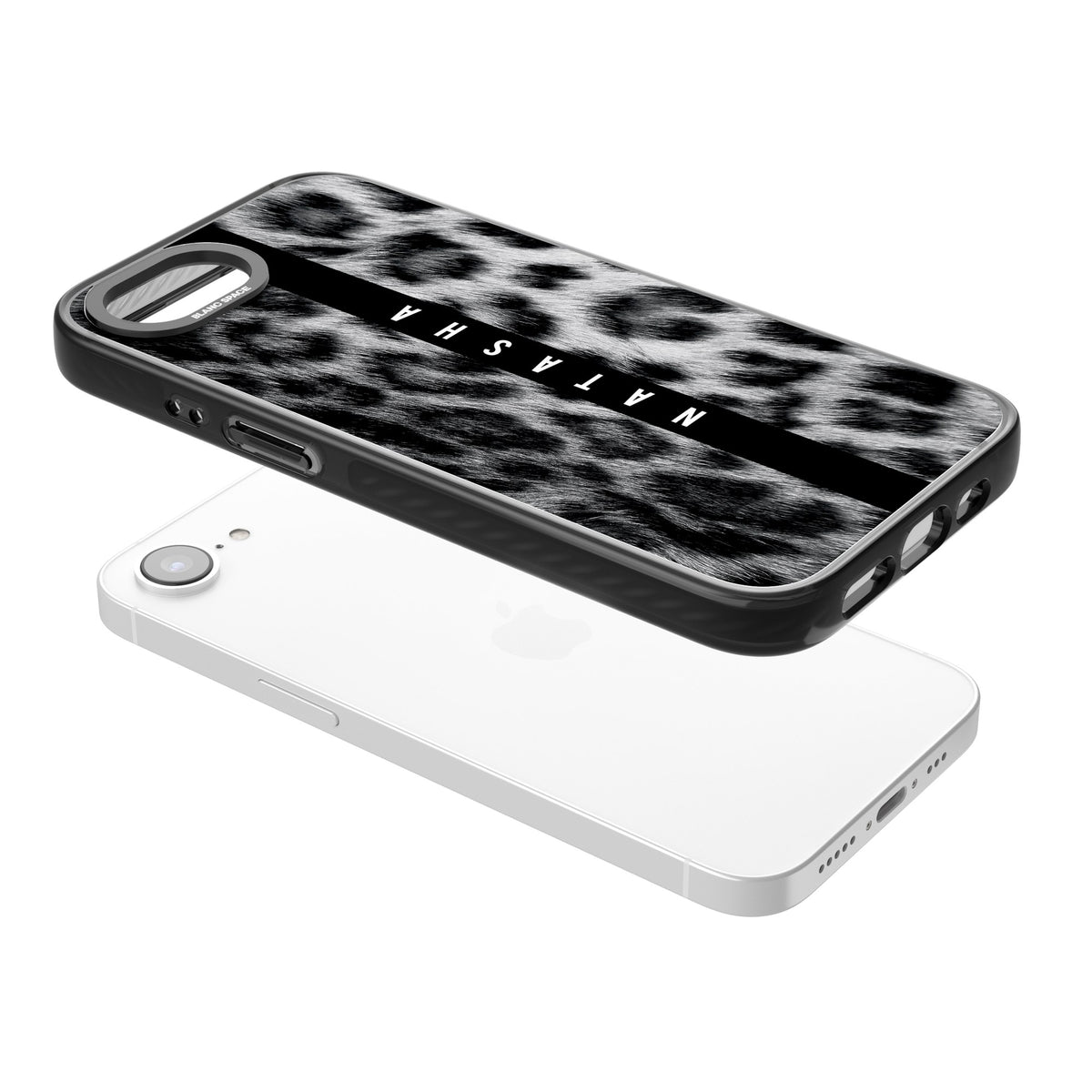 Snow Leopard iPhone 16e / iPhone 17e Impact Black Phone Case angled