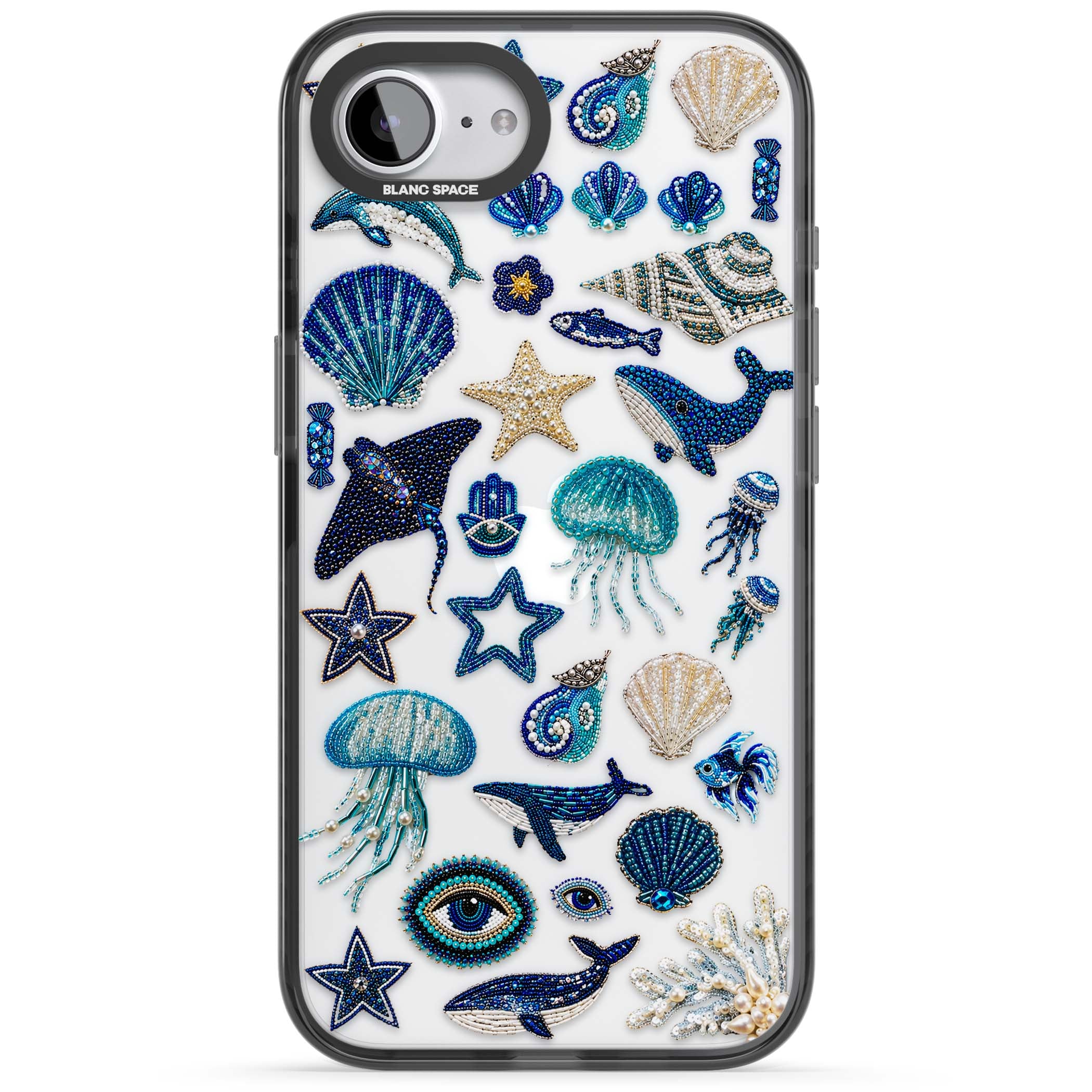 Beaded Coastal coastal iPhone case featuring embroidered seashells, jellyfish and a blue whale on clear | Black Impact case for iPhone 16e, iPhone 17e