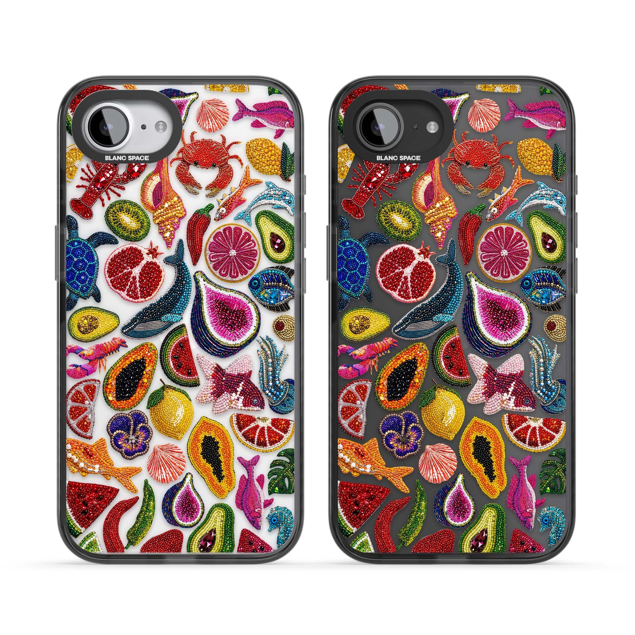 Beaded Tropic tropical iPhone case featuring beaded fruit, fish, crabs and seashells in vibrant colour | Black Impact case for iPhone 16e, iPhone 17e