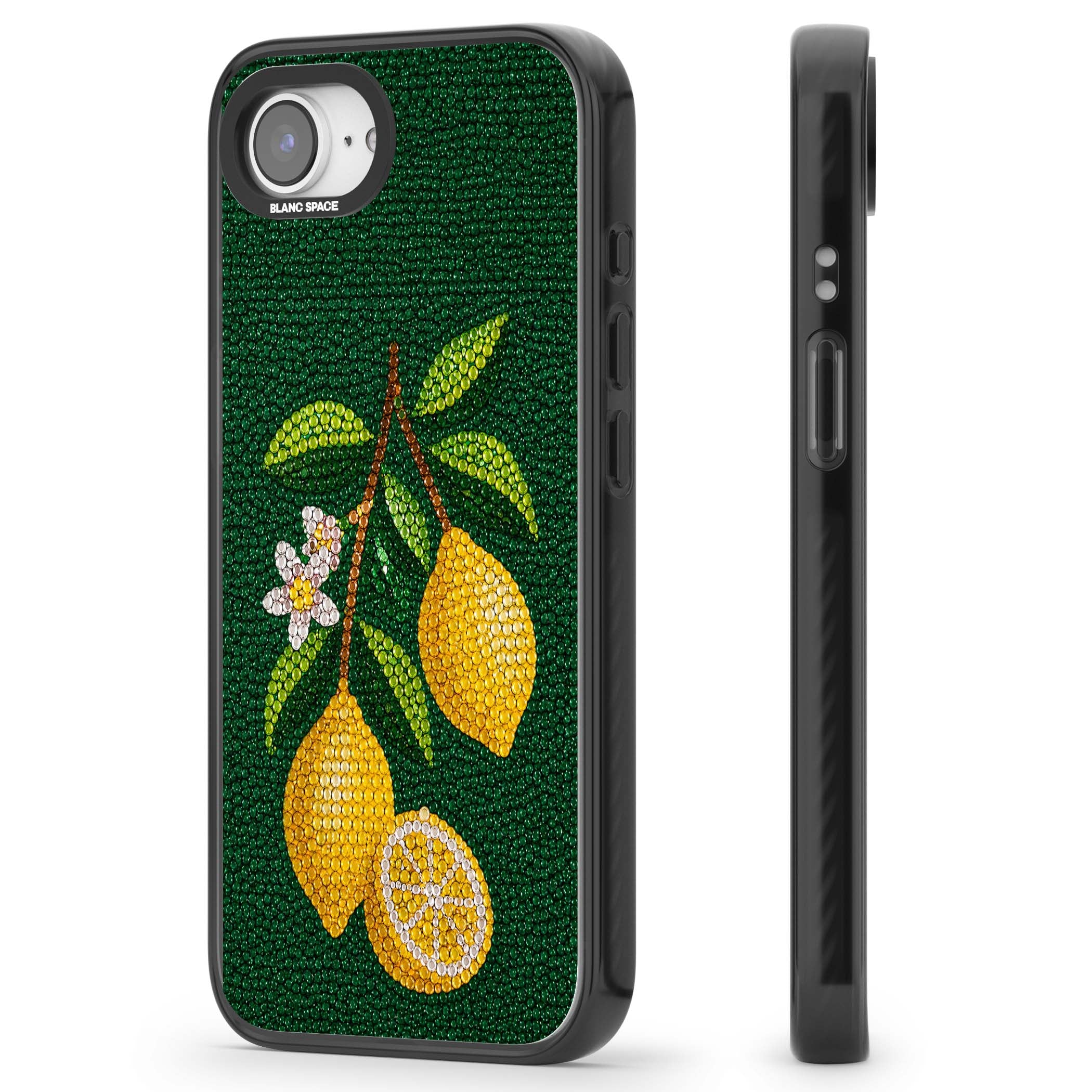Beaded Lemons coastal iPhone case featuring crystal-beaded lemons, citrus blossom and green leaves on emerald ground | Black Impact case for iPhone 16e, iPhone 17e