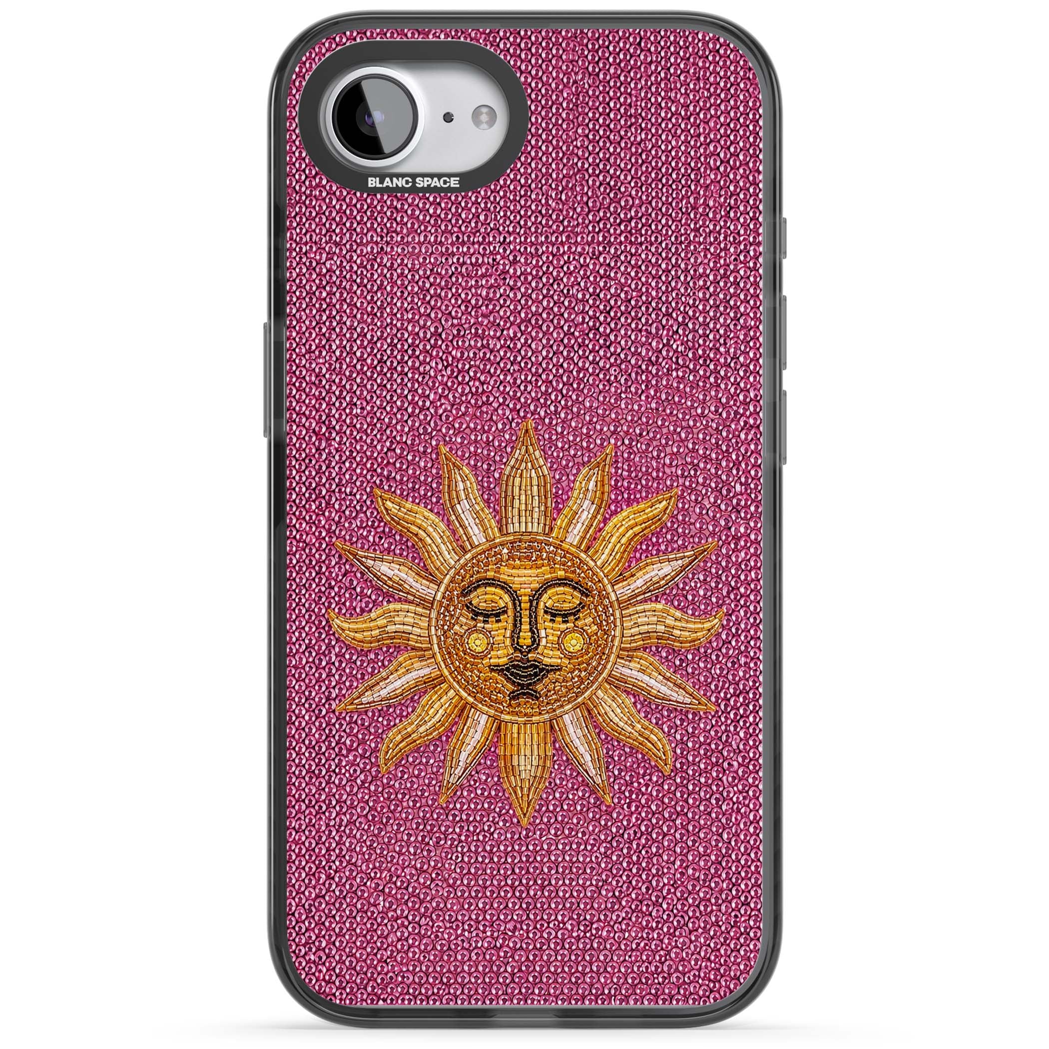 Beaded Sun celestial iPhone case featuring a golden beaded sun face with radiant rays on hot pink beaded background | Black Impact case for iPhone 16e, iPhone 17e