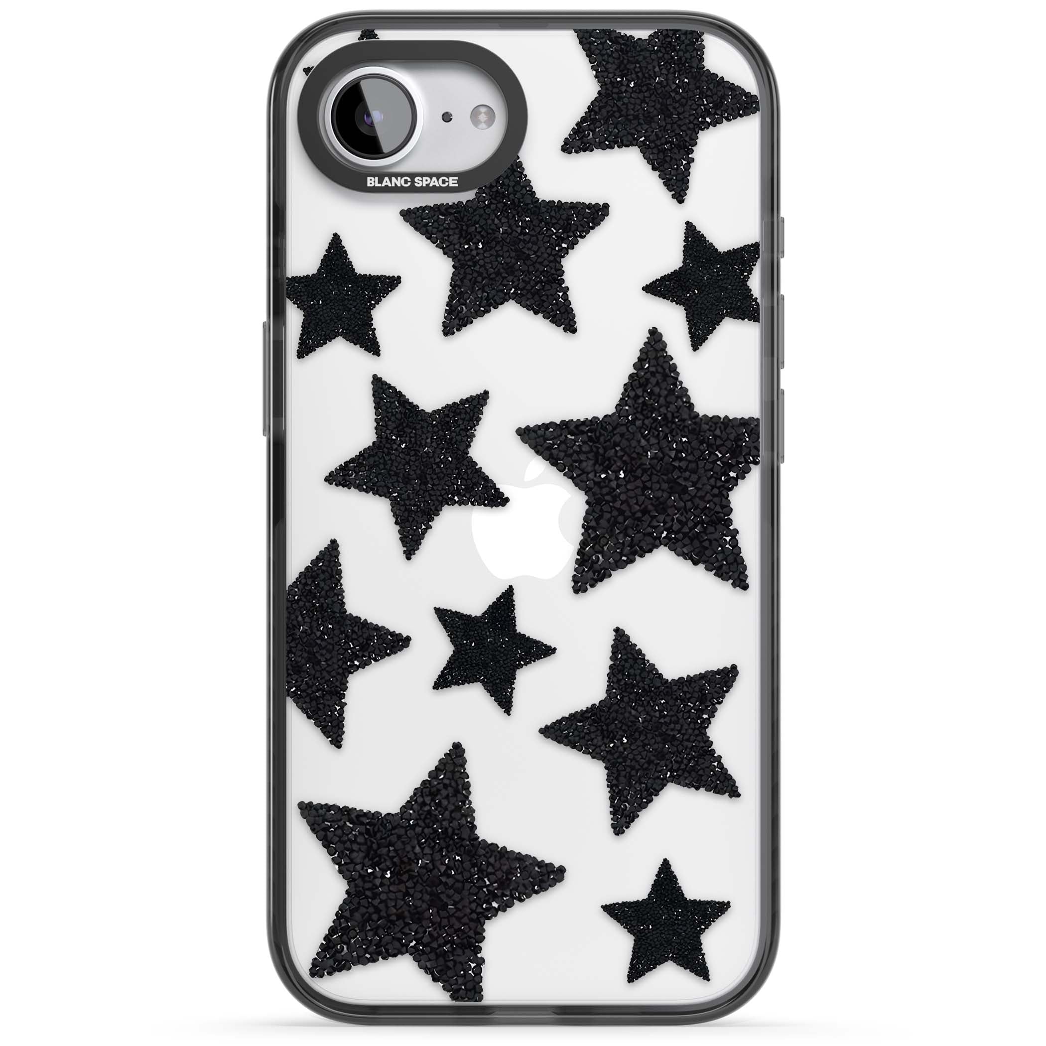 Beaded Black Stars celestial iPhone case featuring black glitter beaded stars scattered on a clear background | Black Impact case for iPhone 16e, iPhone 17e