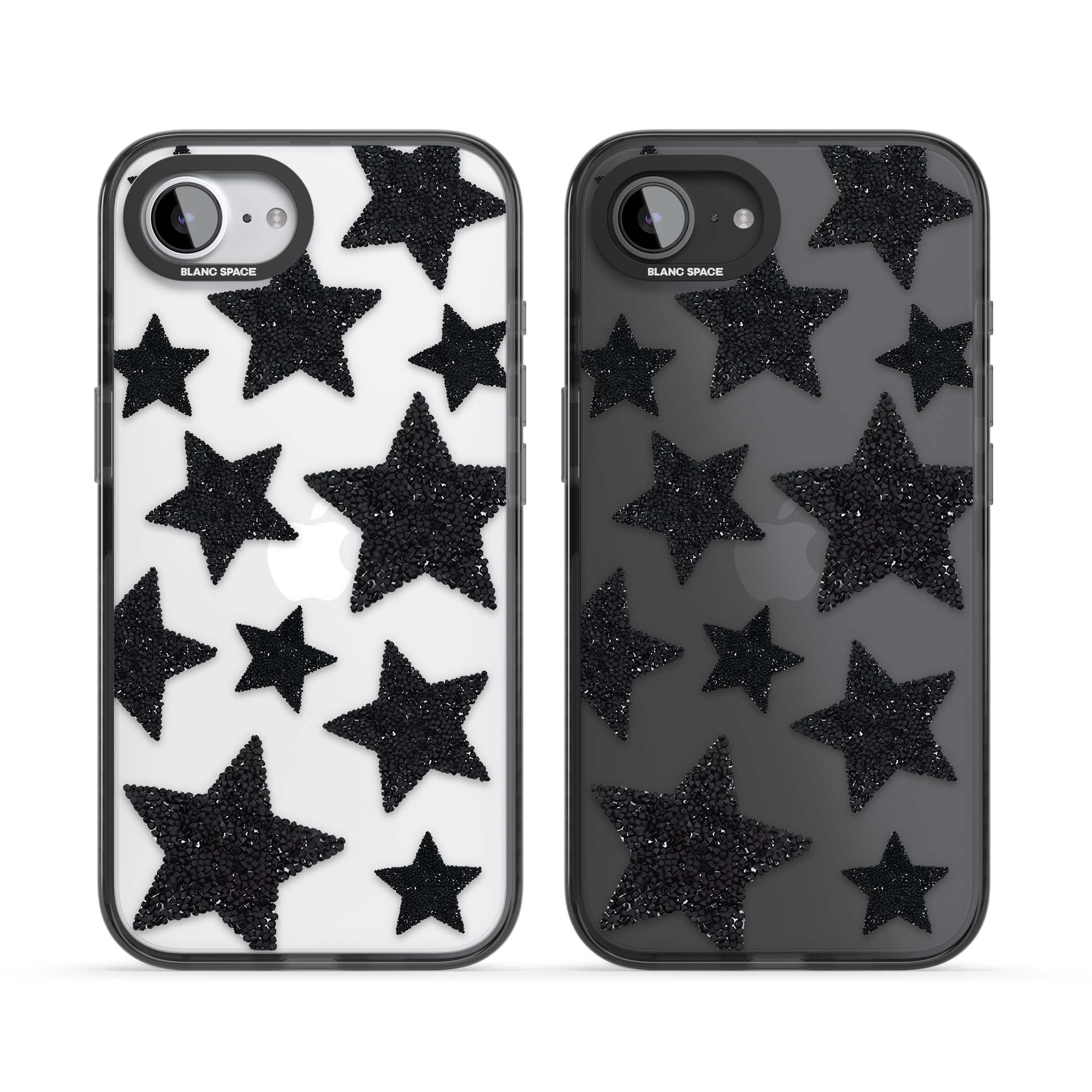 Beaded Black Stars celestial iPhone case featuring black glitter beaded stars scattered on a clear background | Black Impact case for iPhone 16e, iPhone 17e