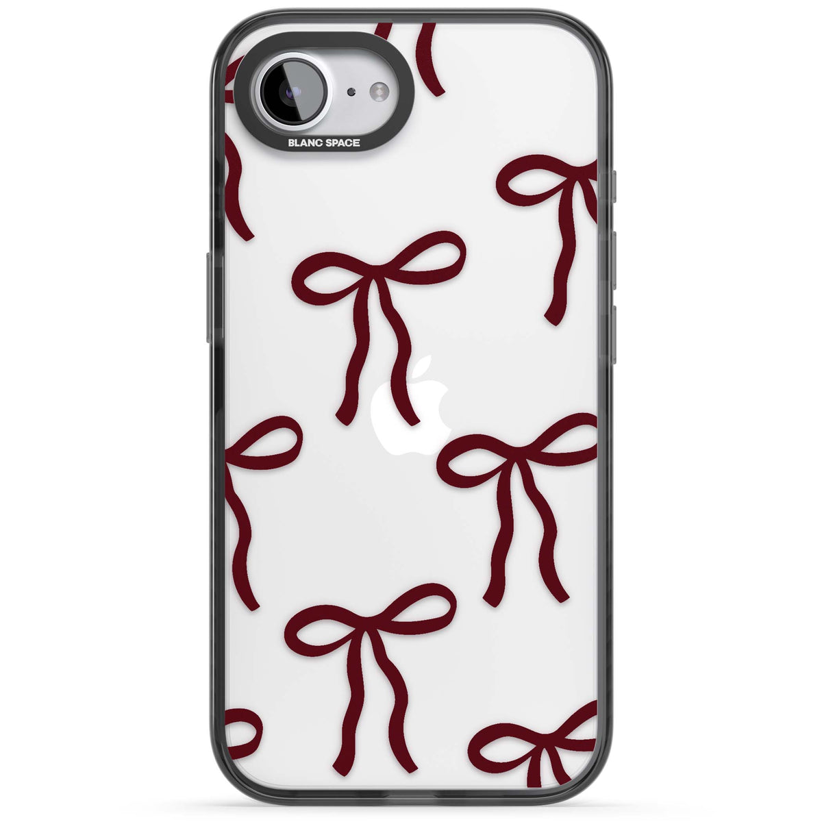 Burgundy Bows coquette iPhone case featuring hand-drawn burgundy red bows on a clear background | Black Impact case for iPhone 16e, iPhone 17e