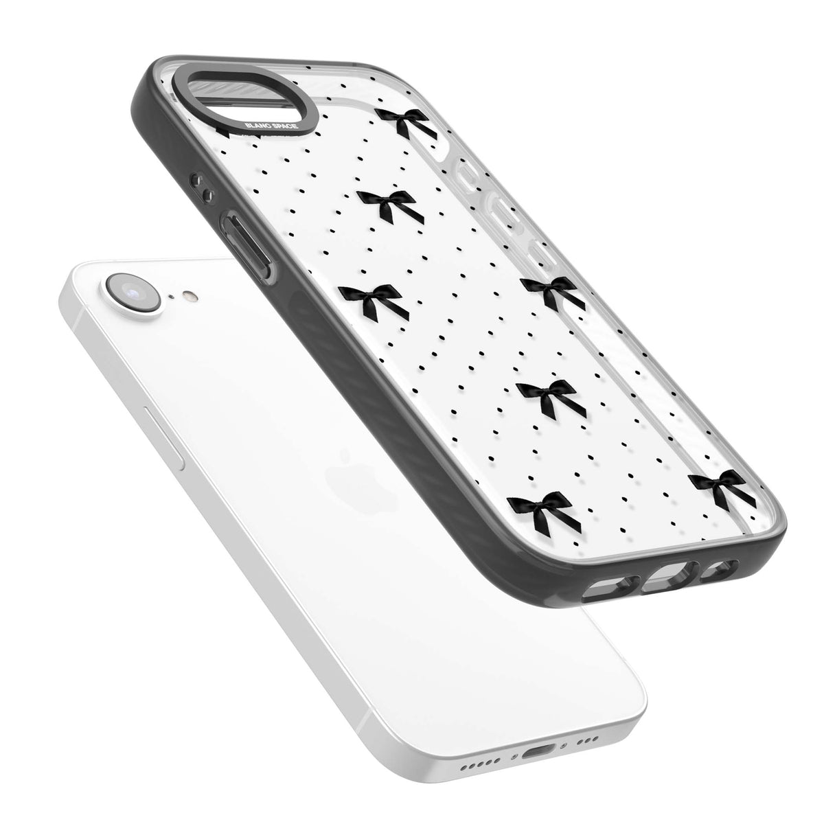 Black Polka Bows coquette iPhone case featuring scattered black satin bows and tiny polka dots on a clear base | Black Impact case for iPhone 16e, iPhone 17e