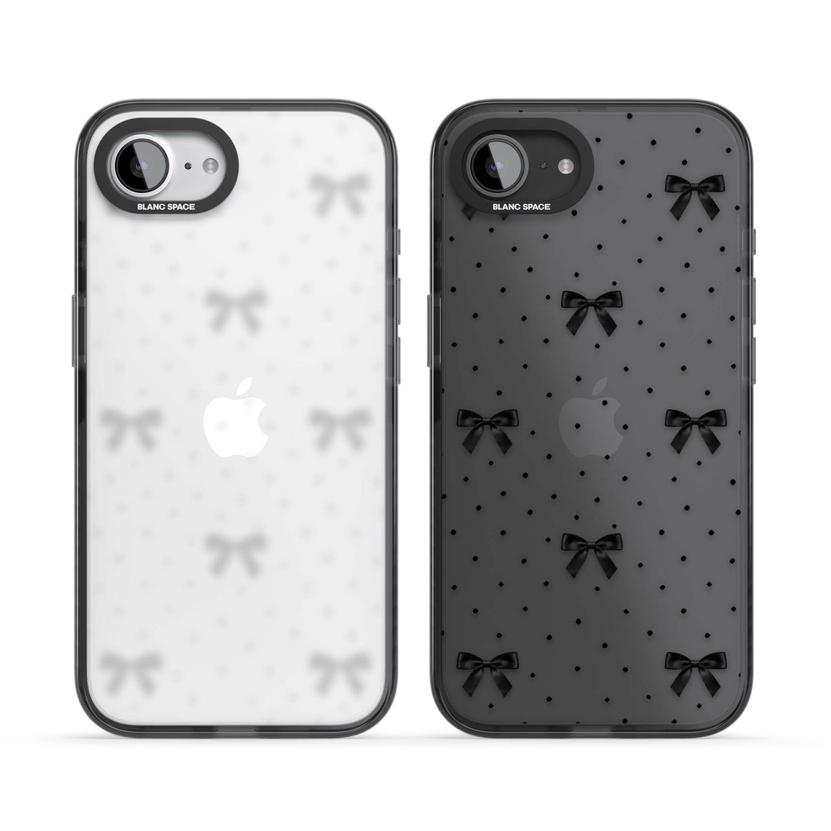 Black Polka Bows coquette iPhone case featuring scattered black satin bows and tiny polka dots on a clear base | Black Impact case for iPhone 16e, iPhone 17e