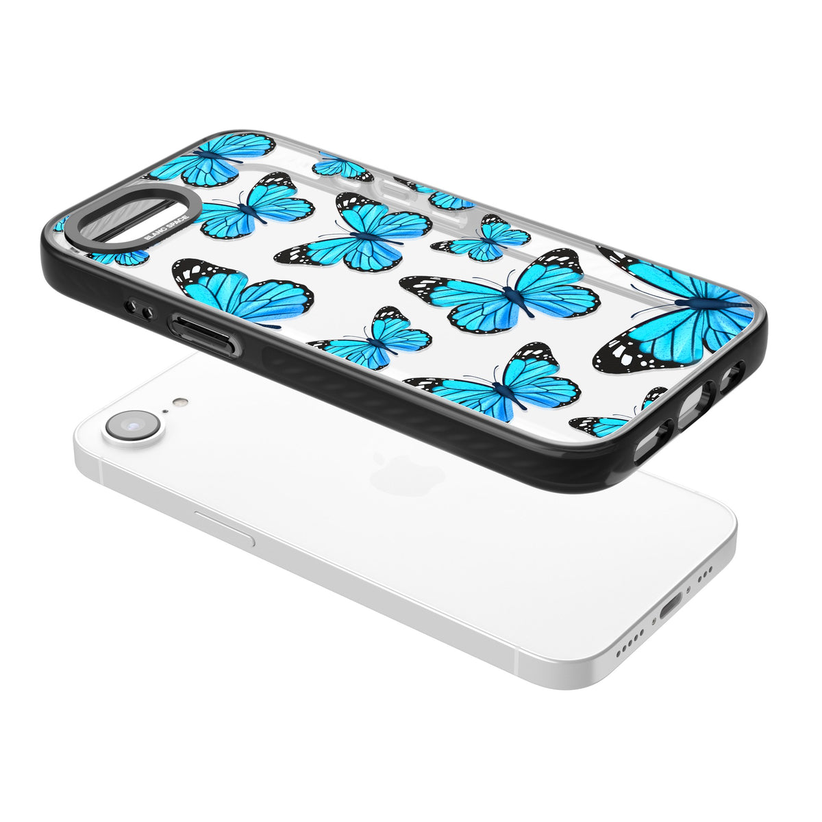 Azure Butterflies iPhone 16e / iPhone 17e Impact Black Phone Case angled