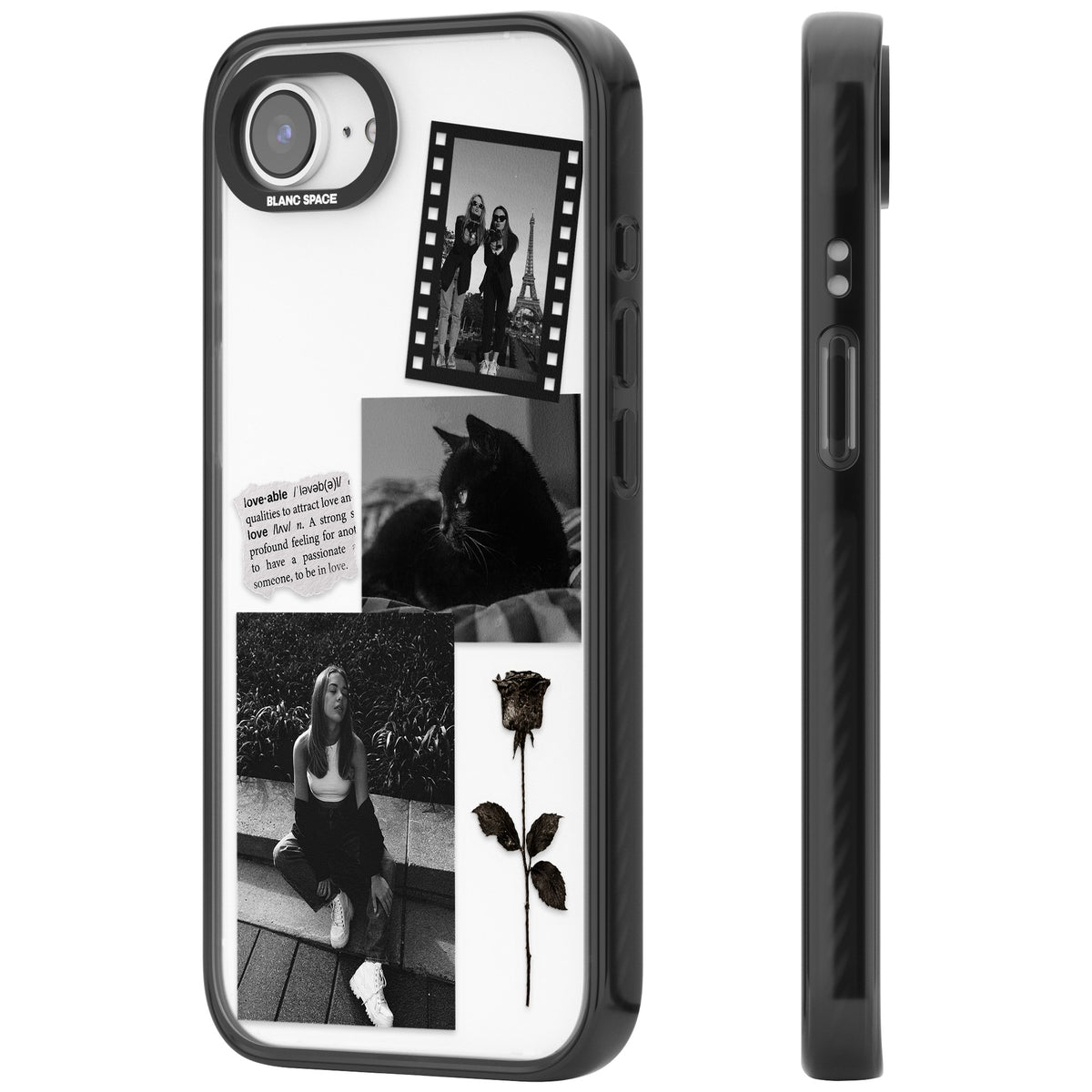 Personalised Black & White Scrapbook Photos iPhone 16e / iPhone 17e Impact Black Phone Case side