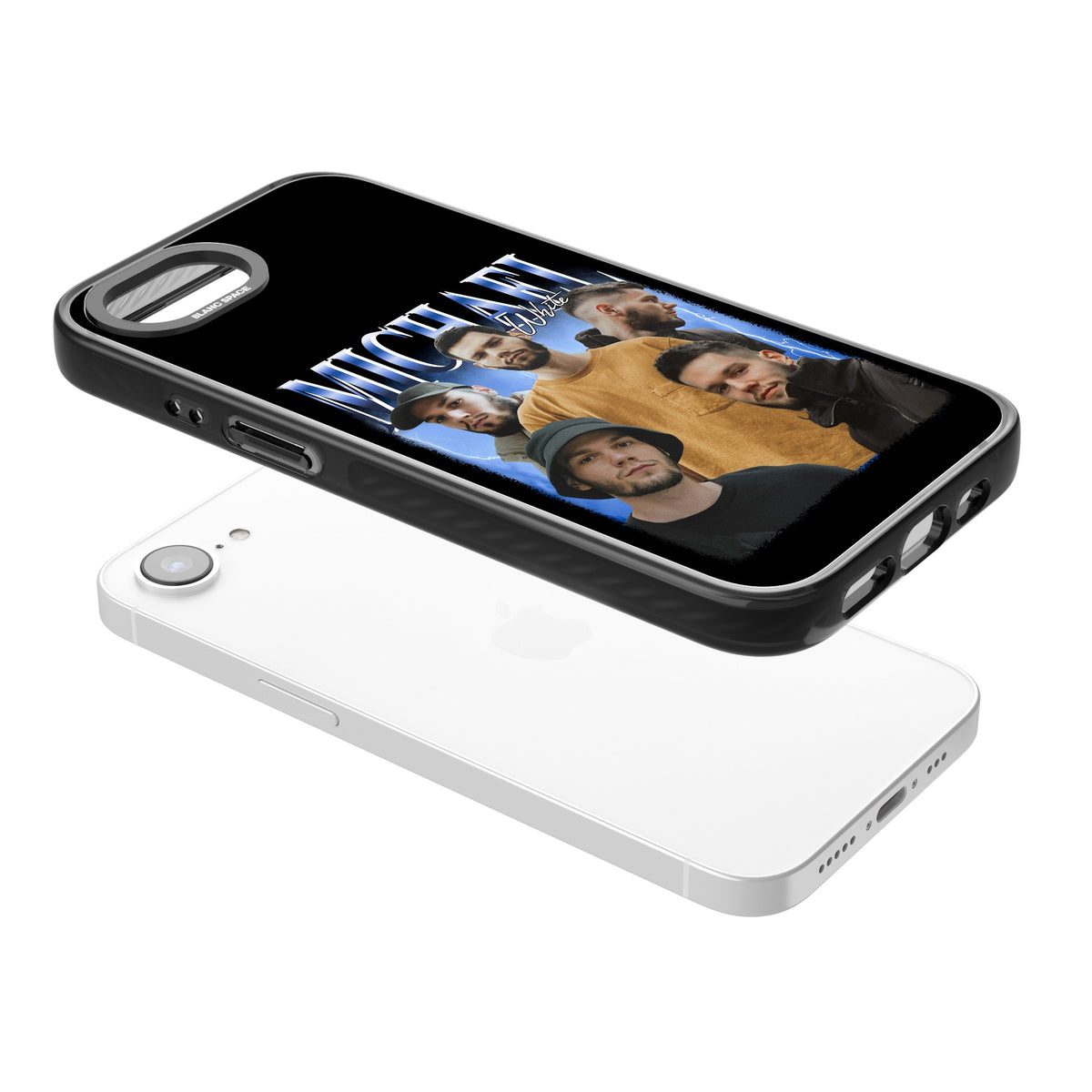 Personalised Airbrush Name & Photo Collage (Blue) iPhone 16e / iPhone 17e Impact Black Phone Case angled