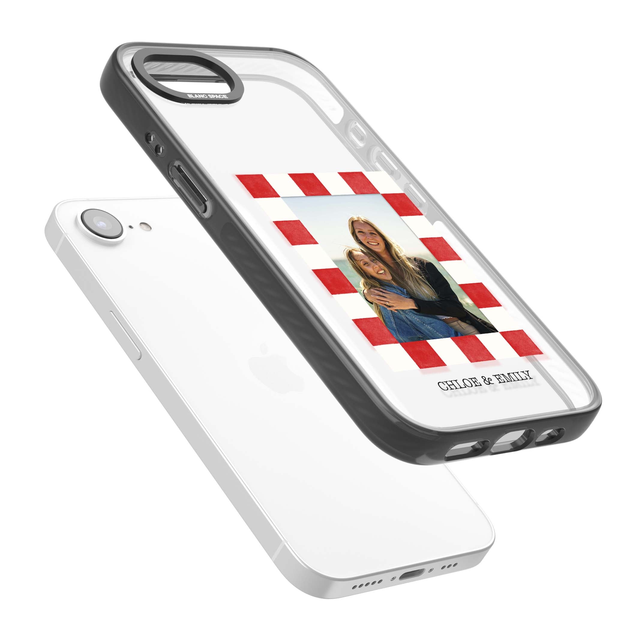 Red Check Photo personalised photo iPhone case with red and white checkered polaroid frame and custom couple name | Black Impact case for iPhone 16e, iPhone 17e