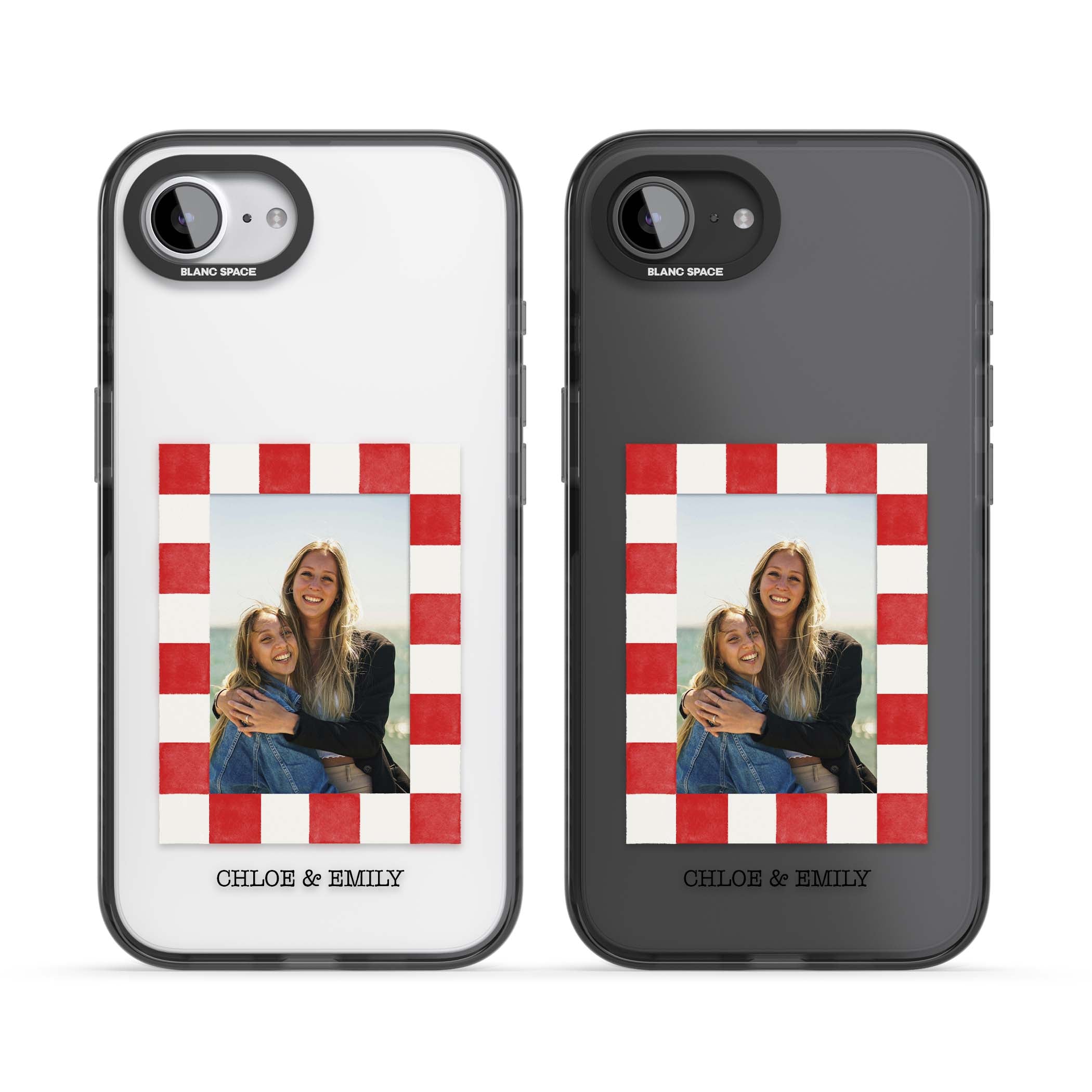 Red Check Photo personalised photo iPhone case with red and white checkered polaroid frame and custom couple name | Black Impact case for iPhone 16e, iPhone 17e