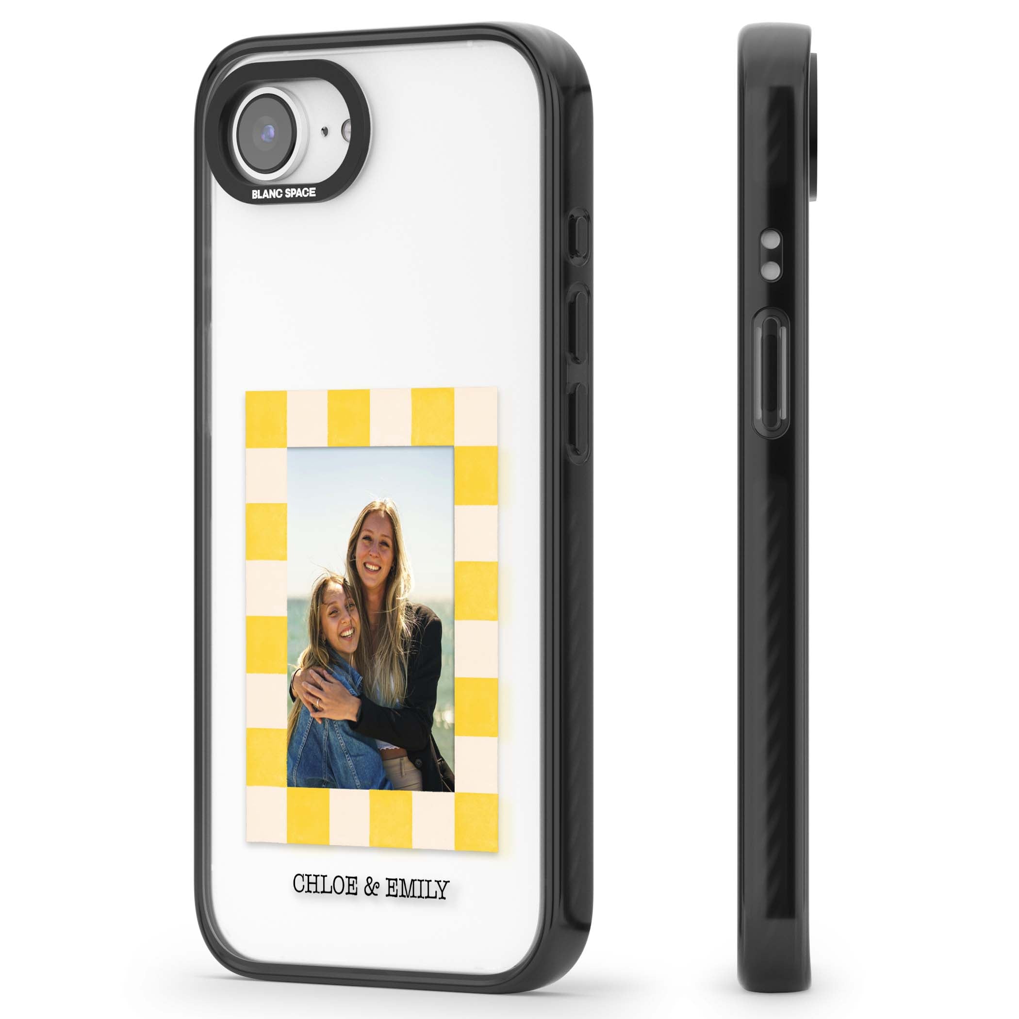 Yellow Check Photo personalised iPhone case with yellow checkered Polaroid frame and custom names beneath | Black Impact case for iPhone 16e, iPhone 17e