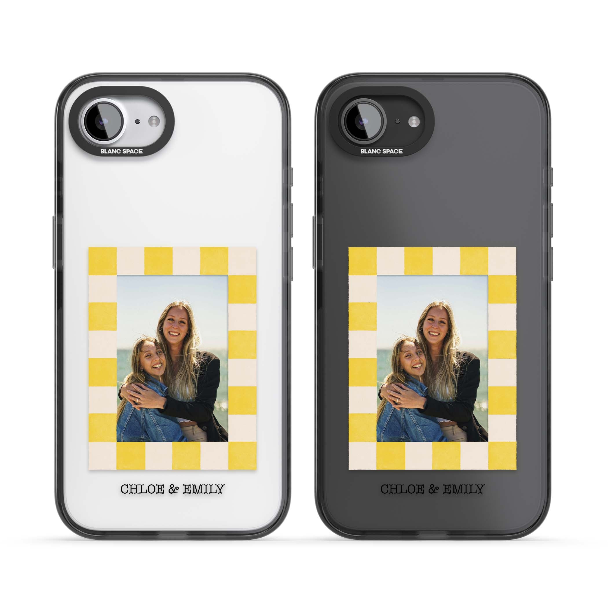 Yellow Check Photo personalised iPhone case with yellow checkered Polaroid frame and custom names beneath | Black Impact case for iPhone 16e, iPhone 17e